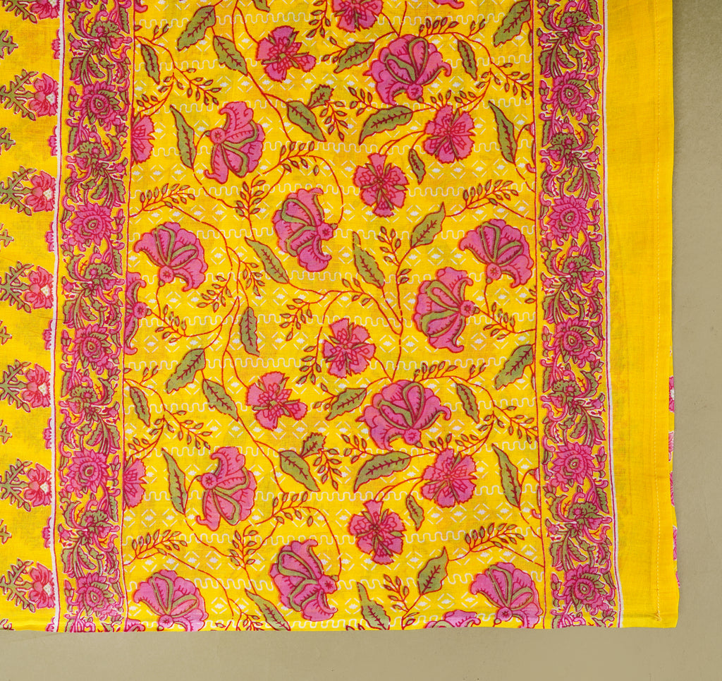 Bright Yellow Floral Block-Print Angrakha Suit Set with Matching Dupatta