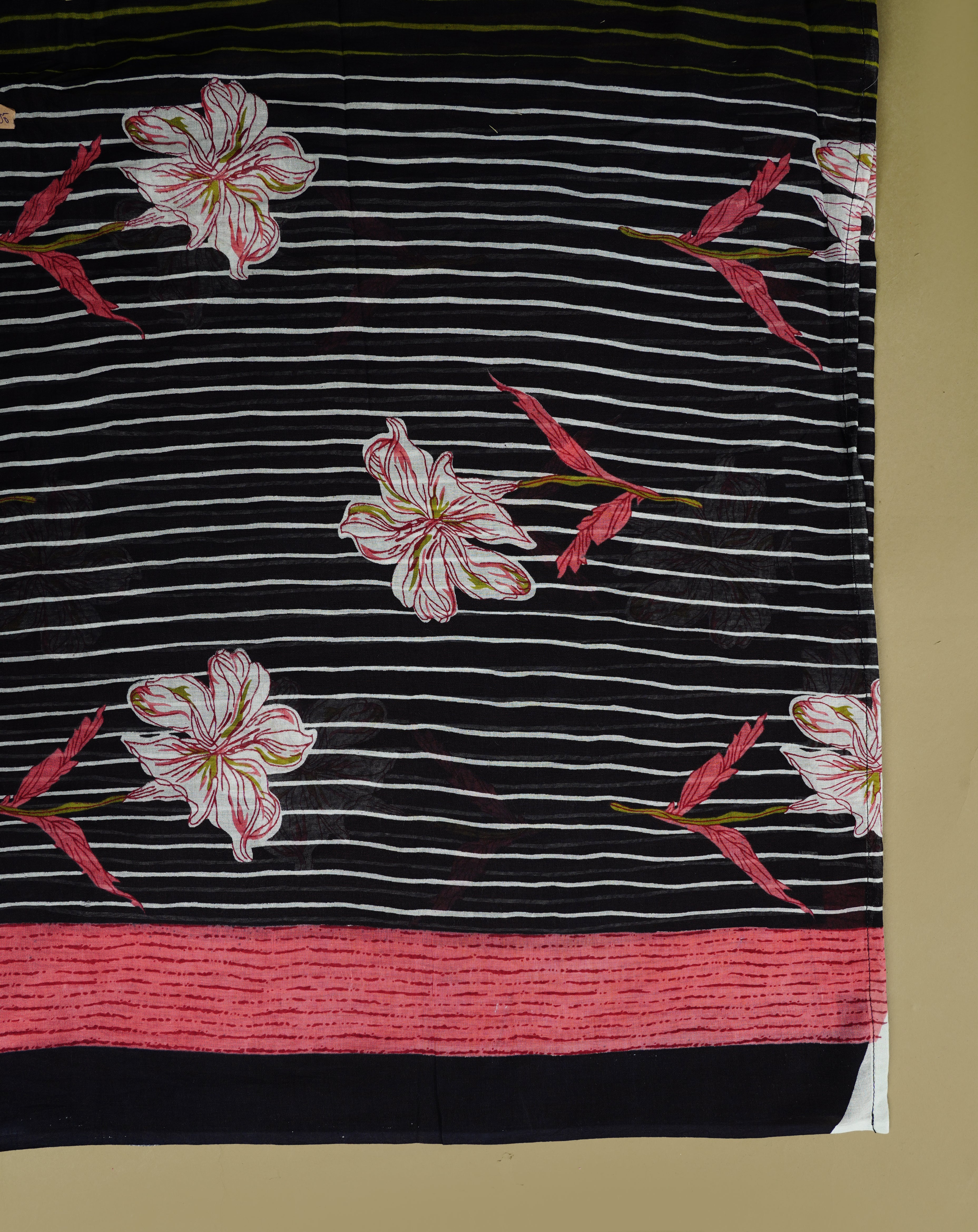 Midnight Black Lily Print Kurta Set with Striped Dupatta