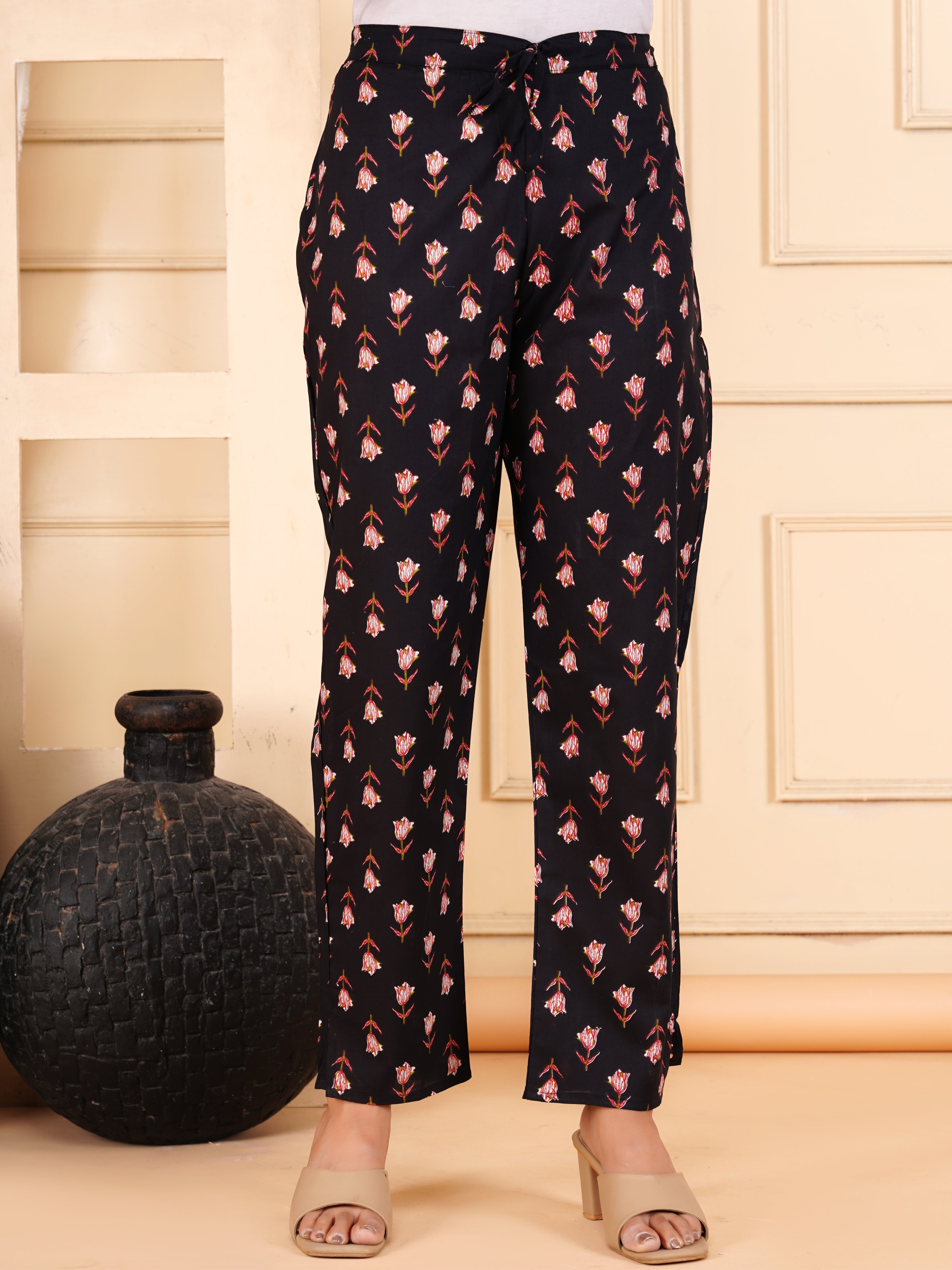 Midnight Black Lily Print Kurta Set with Striped Dupatta