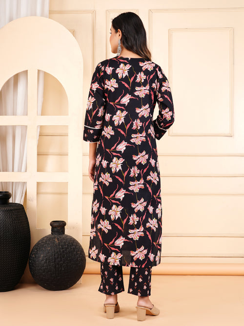 Midnight Black Lily Print Kurta Set with Striped Dupatta