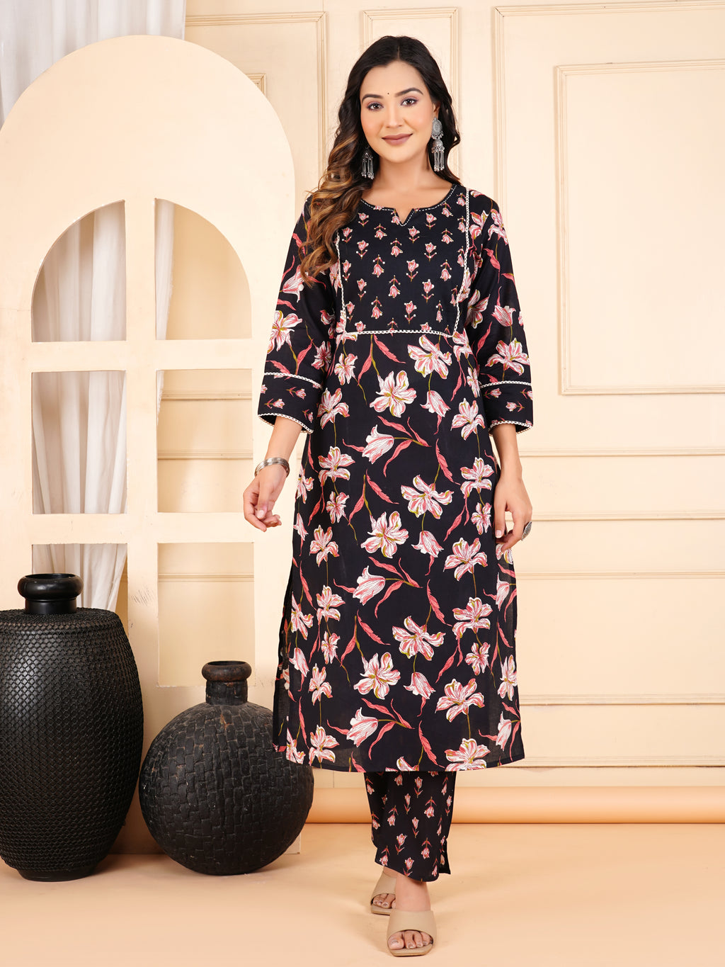 Midnight Black Lily Print Kurta Set with Striped Dupatta