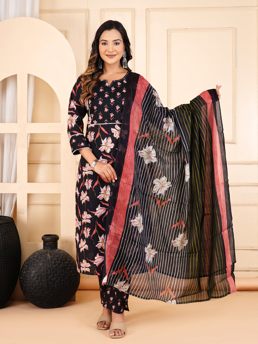 Midnight Black Lily Print Kurta Set with Striped Dupatta
