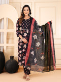 Midnight Black Lily Print Kurta Set with Striped Dupatta