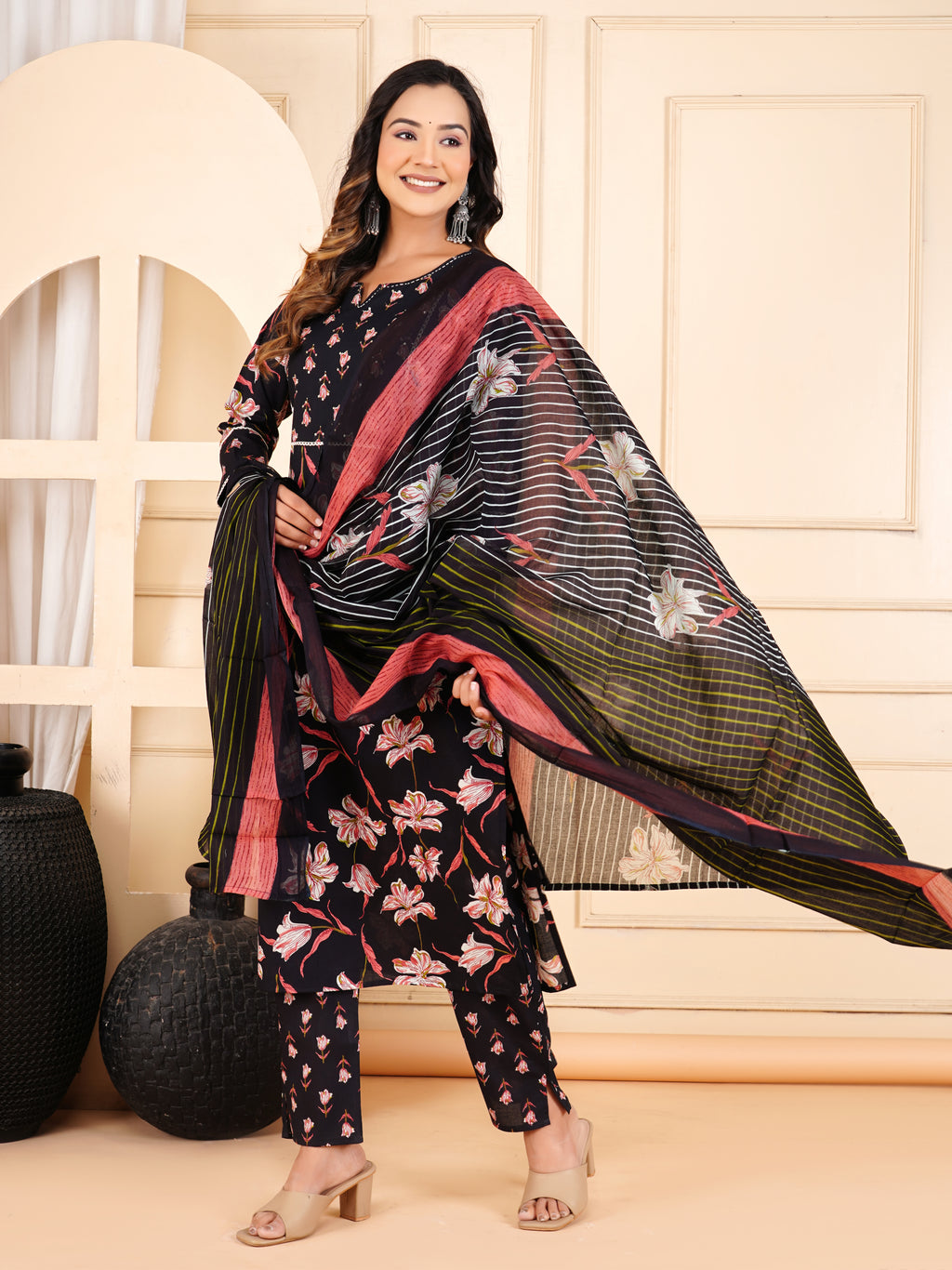 Midnight Black Lily Print Kurta Set with Striped Dupatta