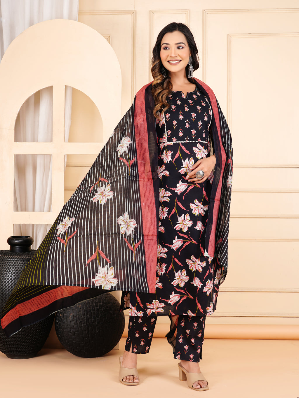 Midnight Black Lily Print Kurta Set with Striped Dupatta