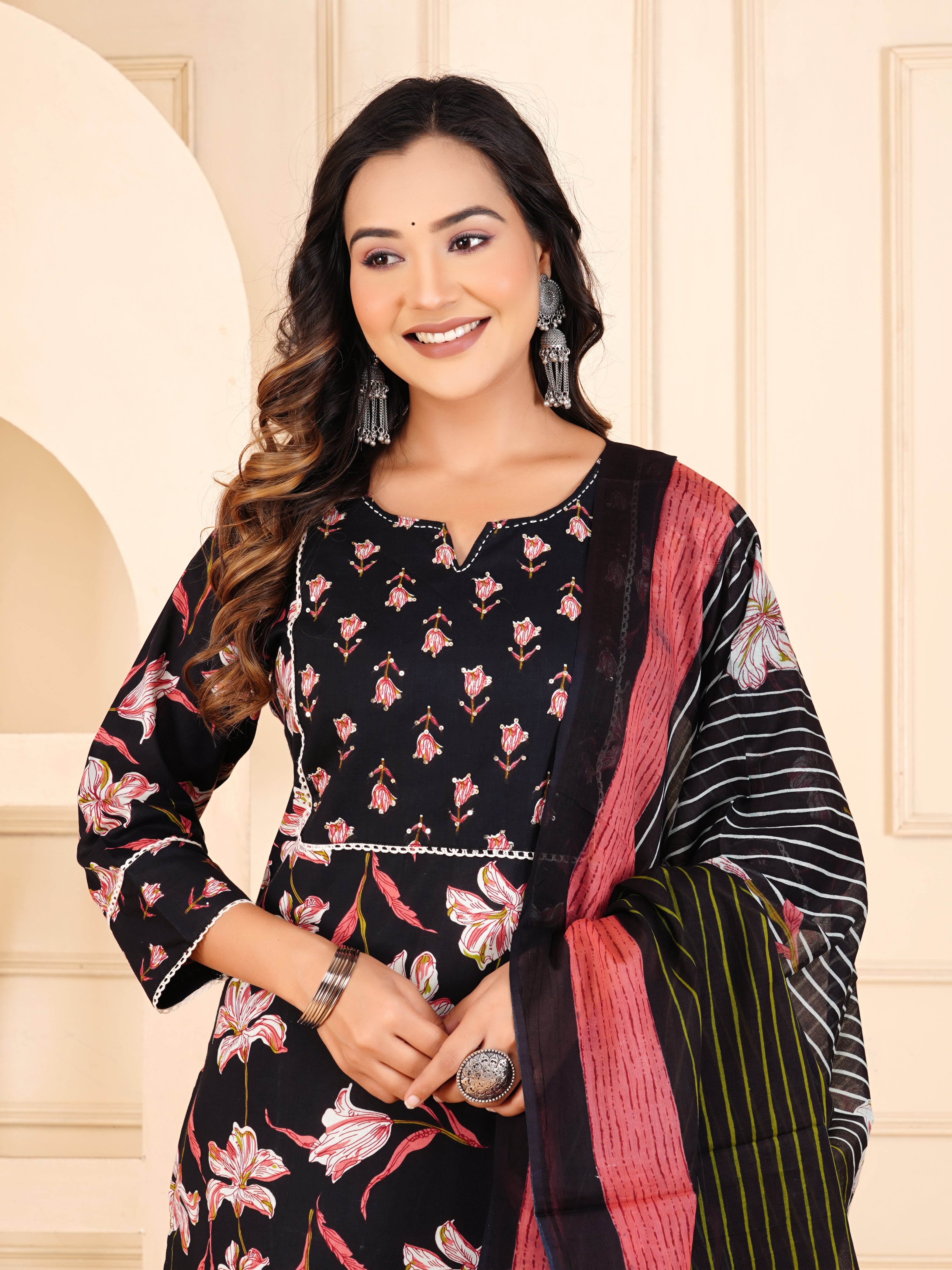 Midnight Black Lily Print Kurta Set with Striped Dupatta