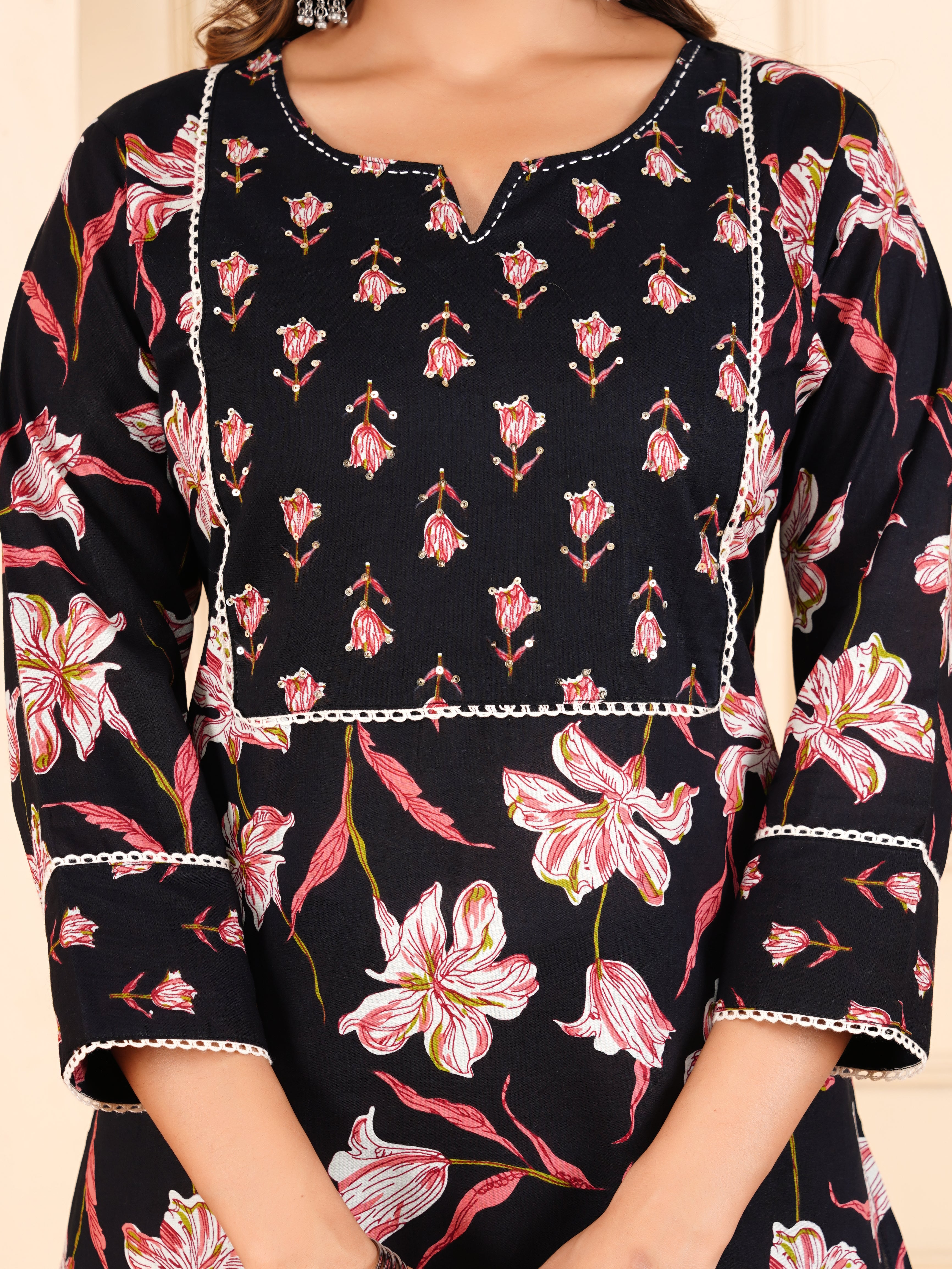 Midnight Black Lily Print Kurta Set with Striped Dupatta