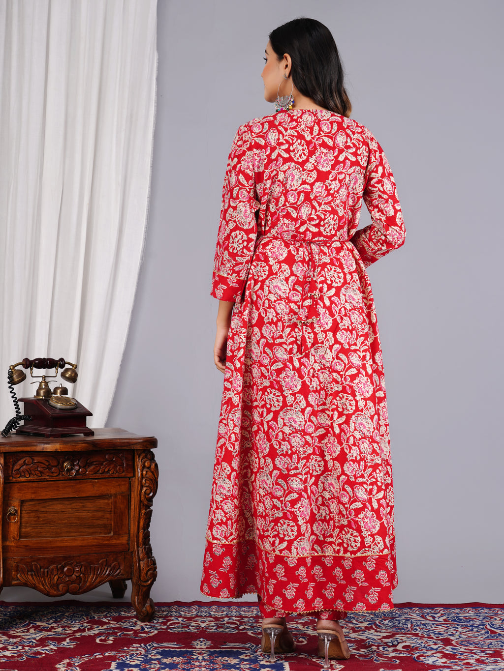 Red Floral Block-Print Anarkali Suit Set with Dupatta