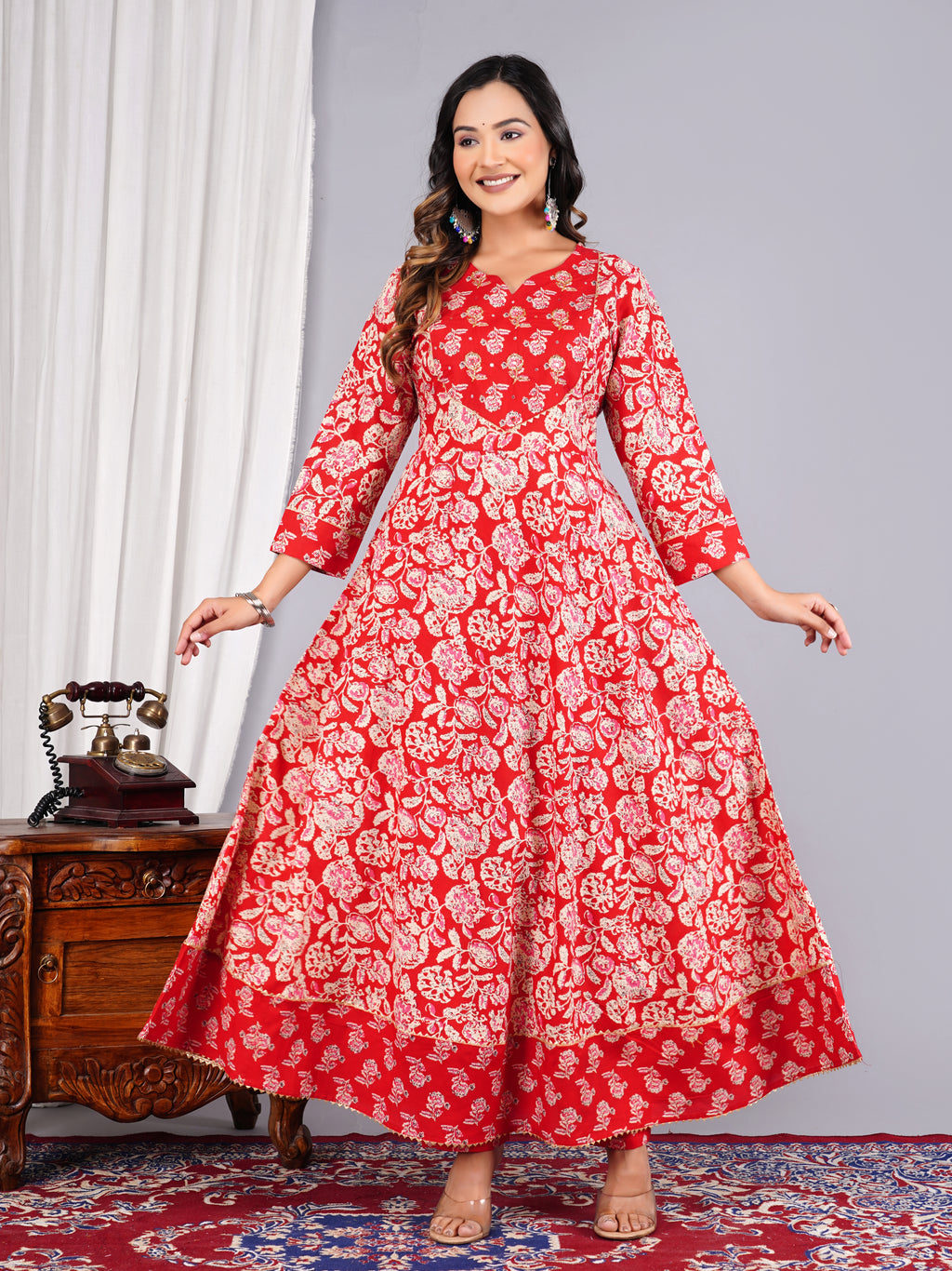 Red Floral Block-Print Anarkali Suit Set with Dupatta