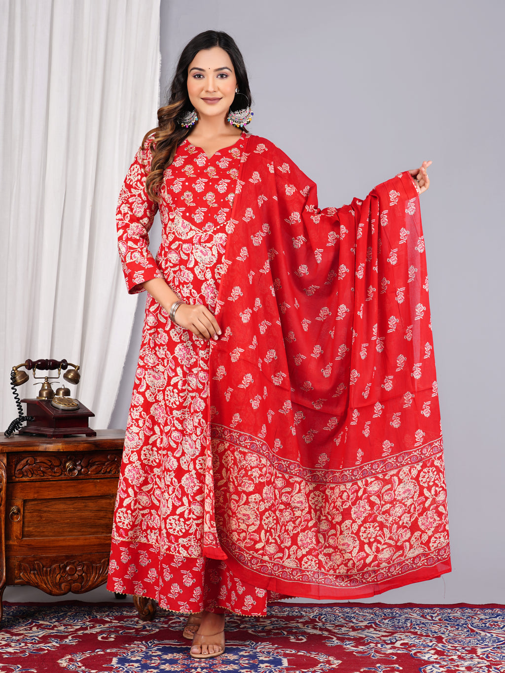 Red Floral Block-Print Anarkali Suit Set with Dupatta