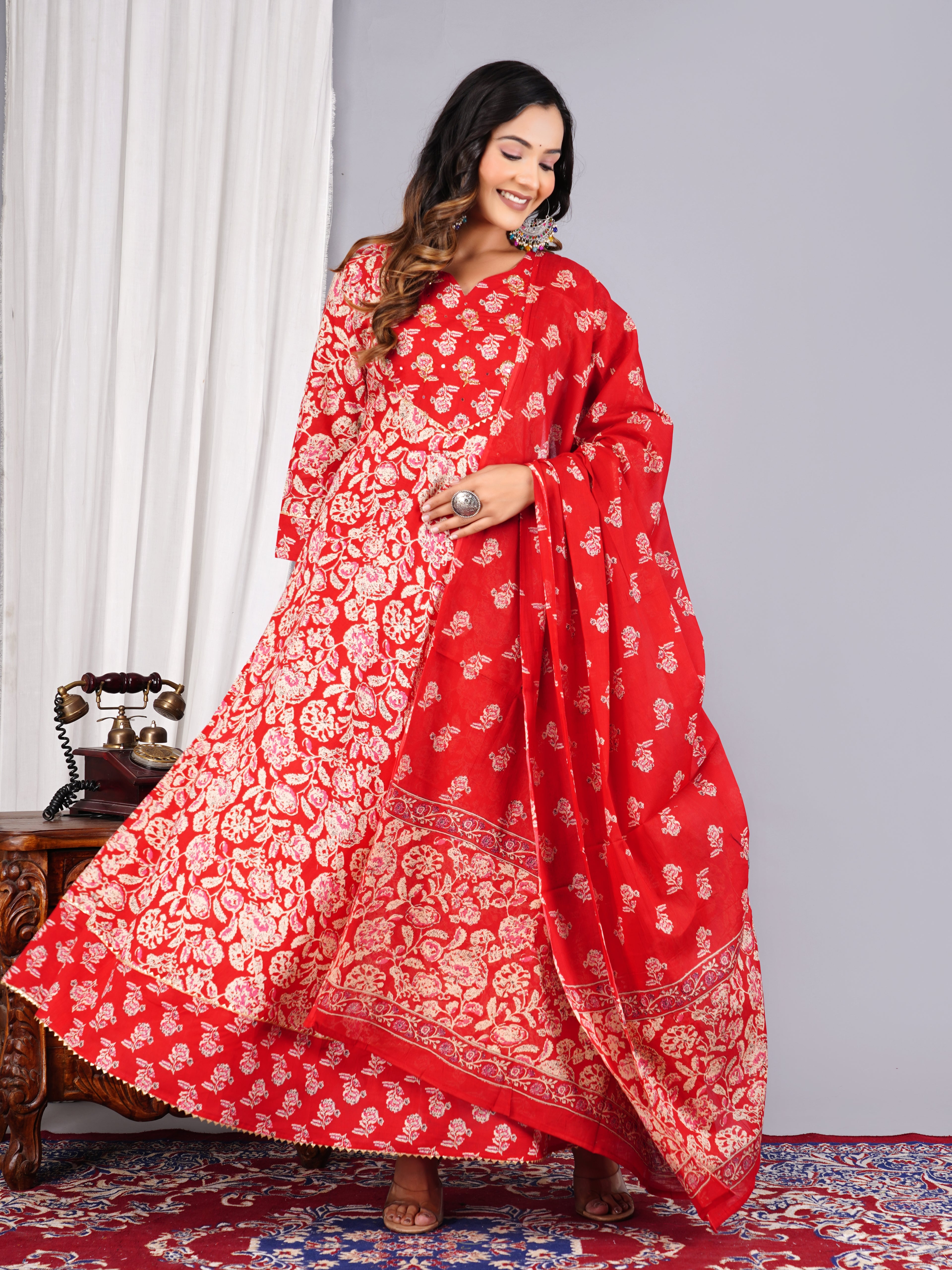Red Floral Block-Print Anarkali Suit Set with Dupatta