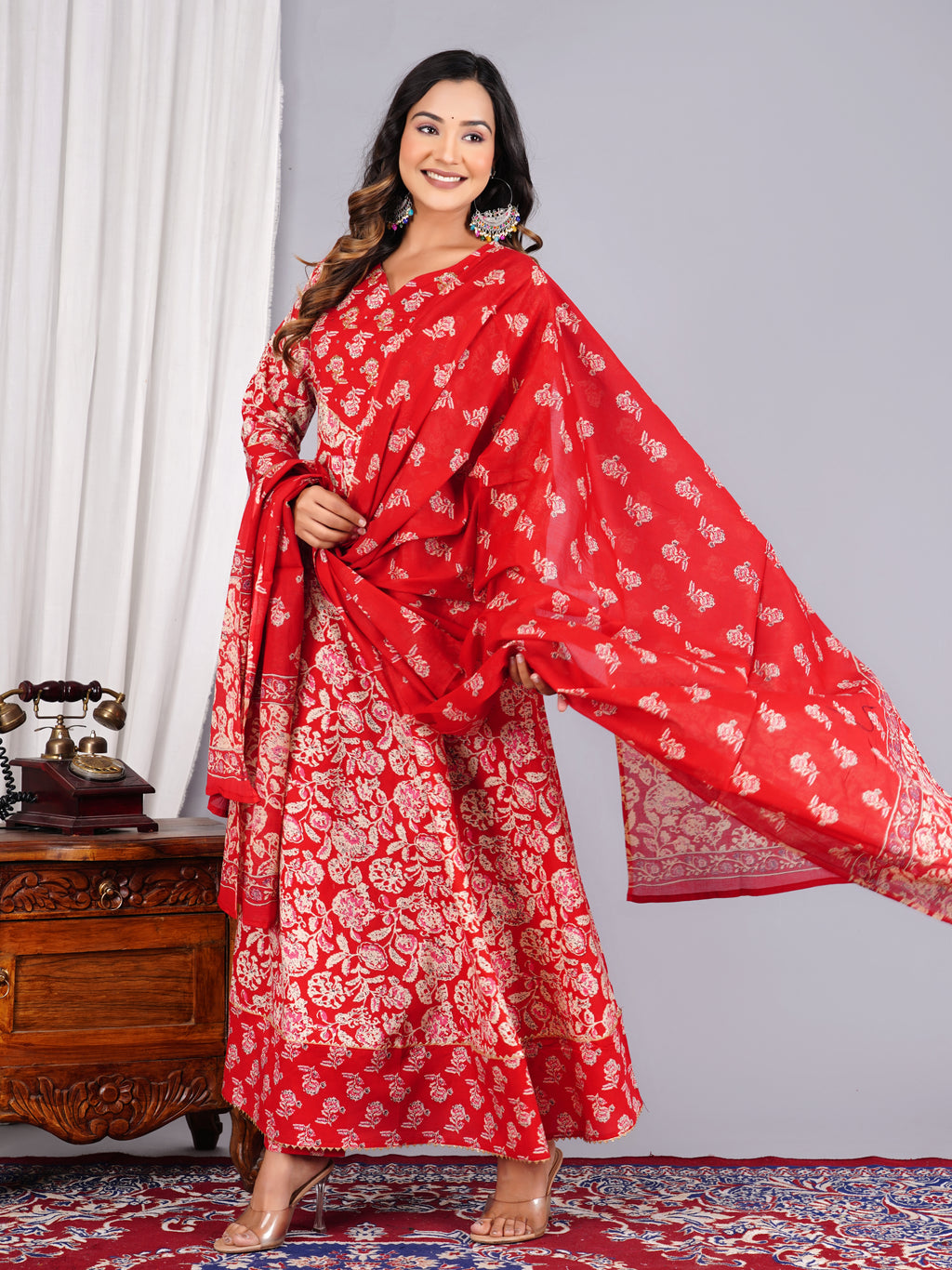 Red Floral Block-Print Anarkali Suit Set with Dupatta