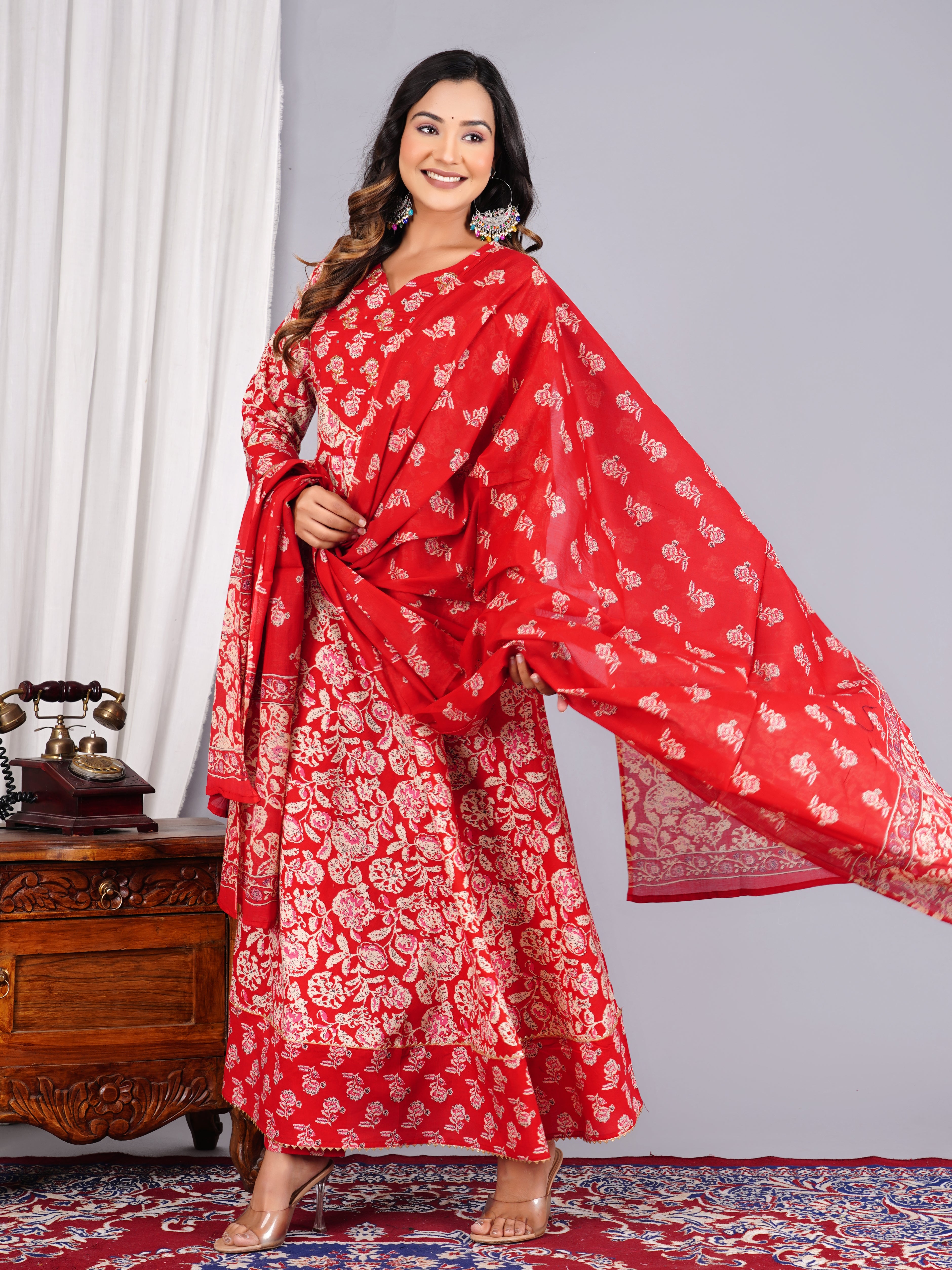 Red Floral Block-Print Anarkali Suit Set with Dupatta