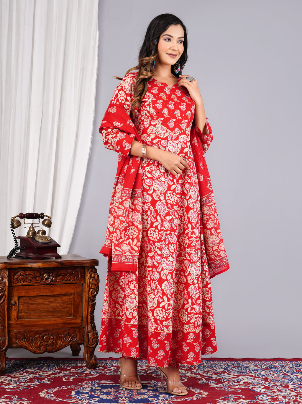 Red Floral Block-Print Anarkali Suit Set with Dupatta