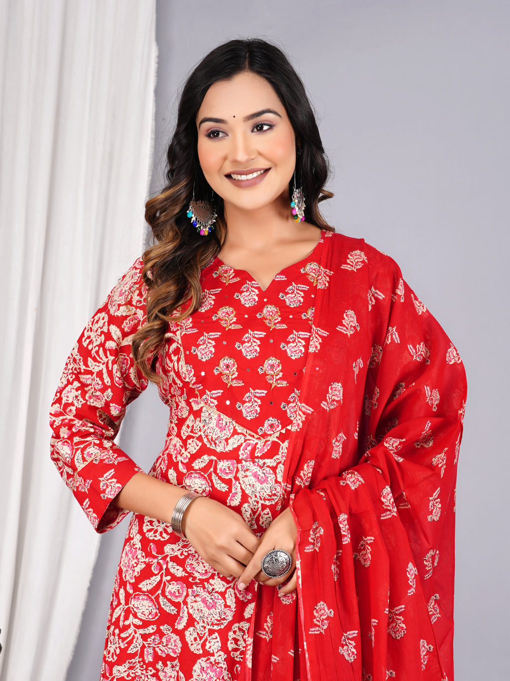 Red Floral Block-Print Anarkali Suit Set with Dupatta