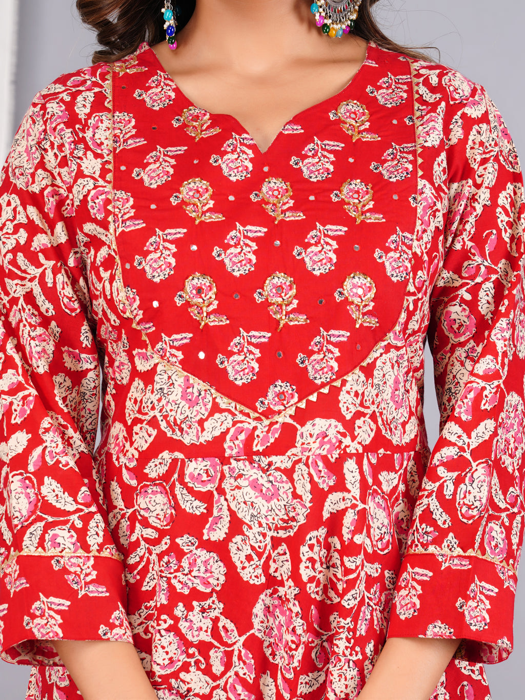 Red Floral Block-Print Anarkali Suit Set with Dupatta