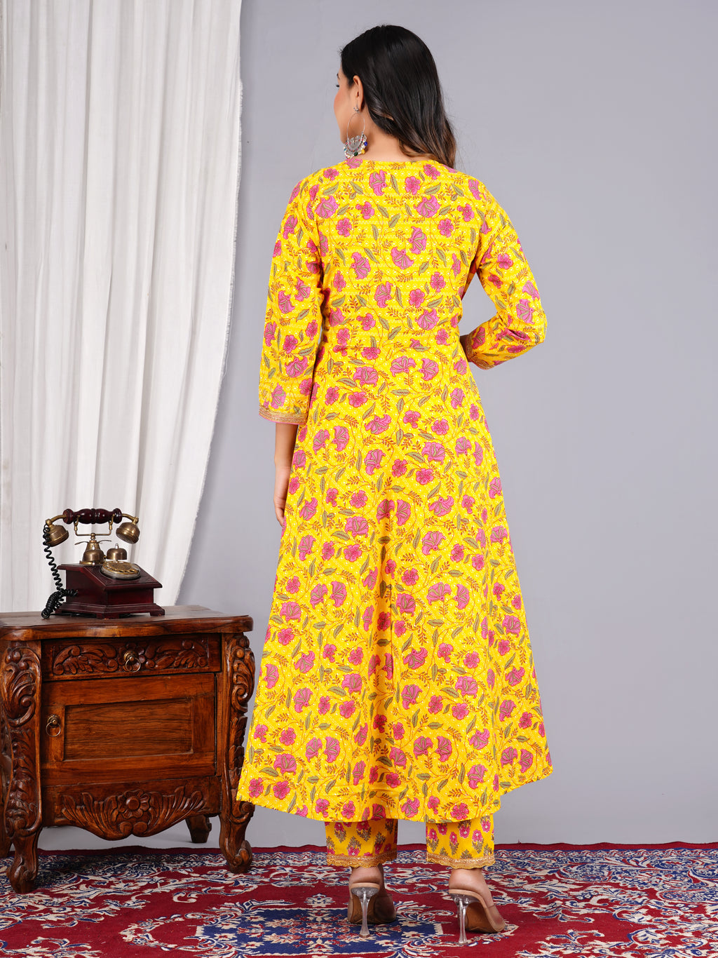 Bright Yellow Floral Block-Print Angrakha Suit Set with Matching Dupatta