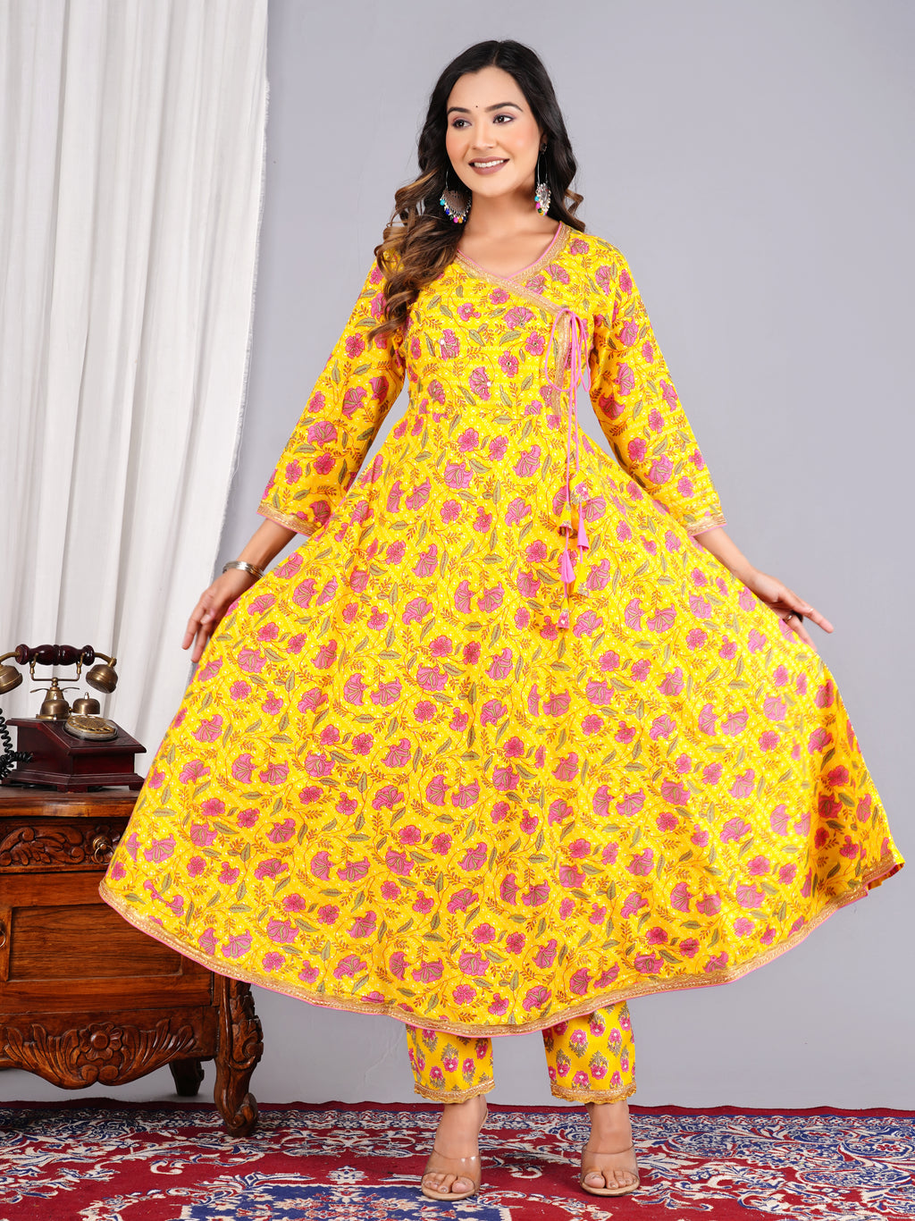 Bright Yellow Floral Block-Print Angrakha Suit Set with Matching Dupatta