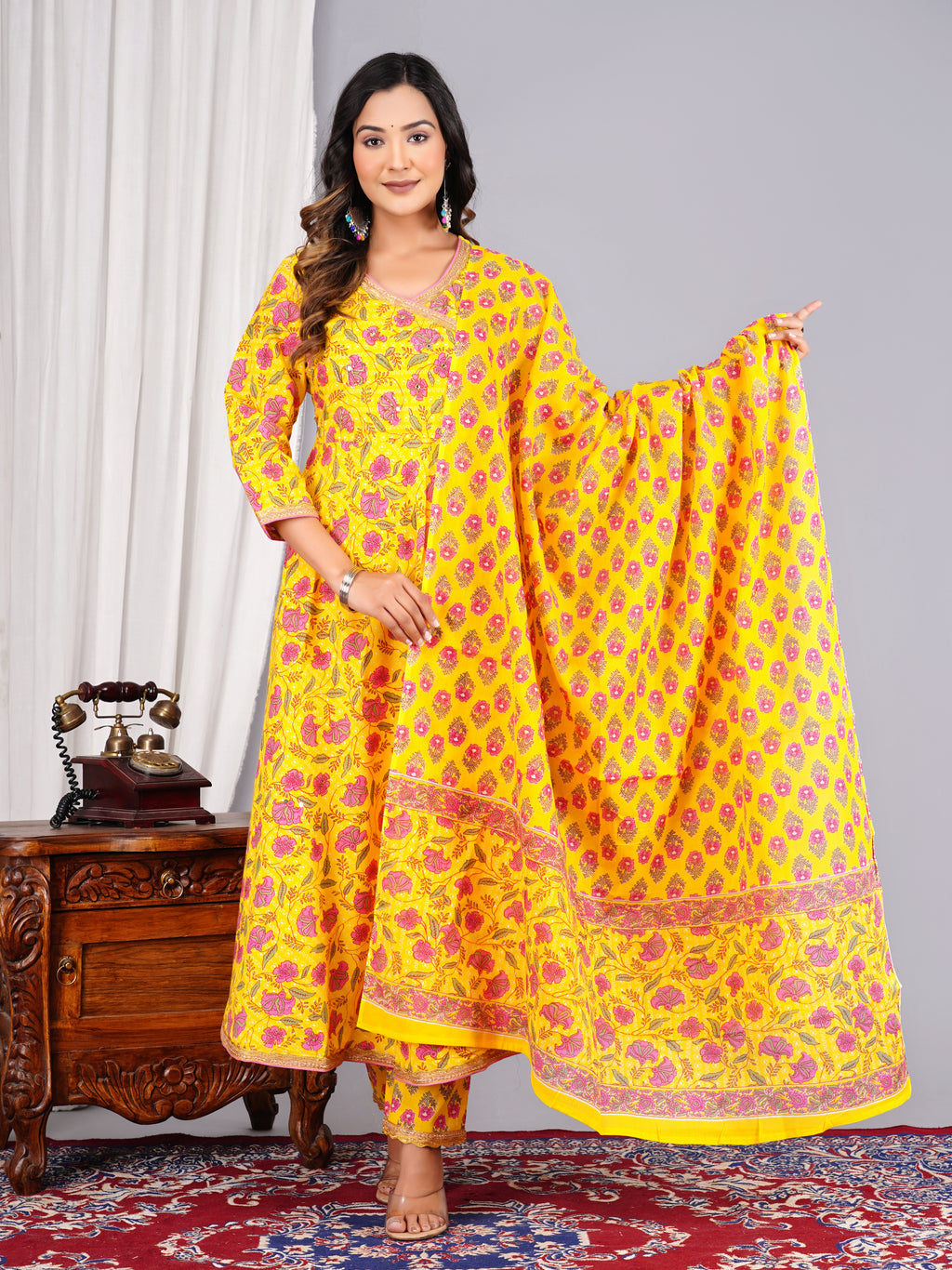 Bright Yellow Floral Block-Print Angrakha Suit Set with Matching Dupatta