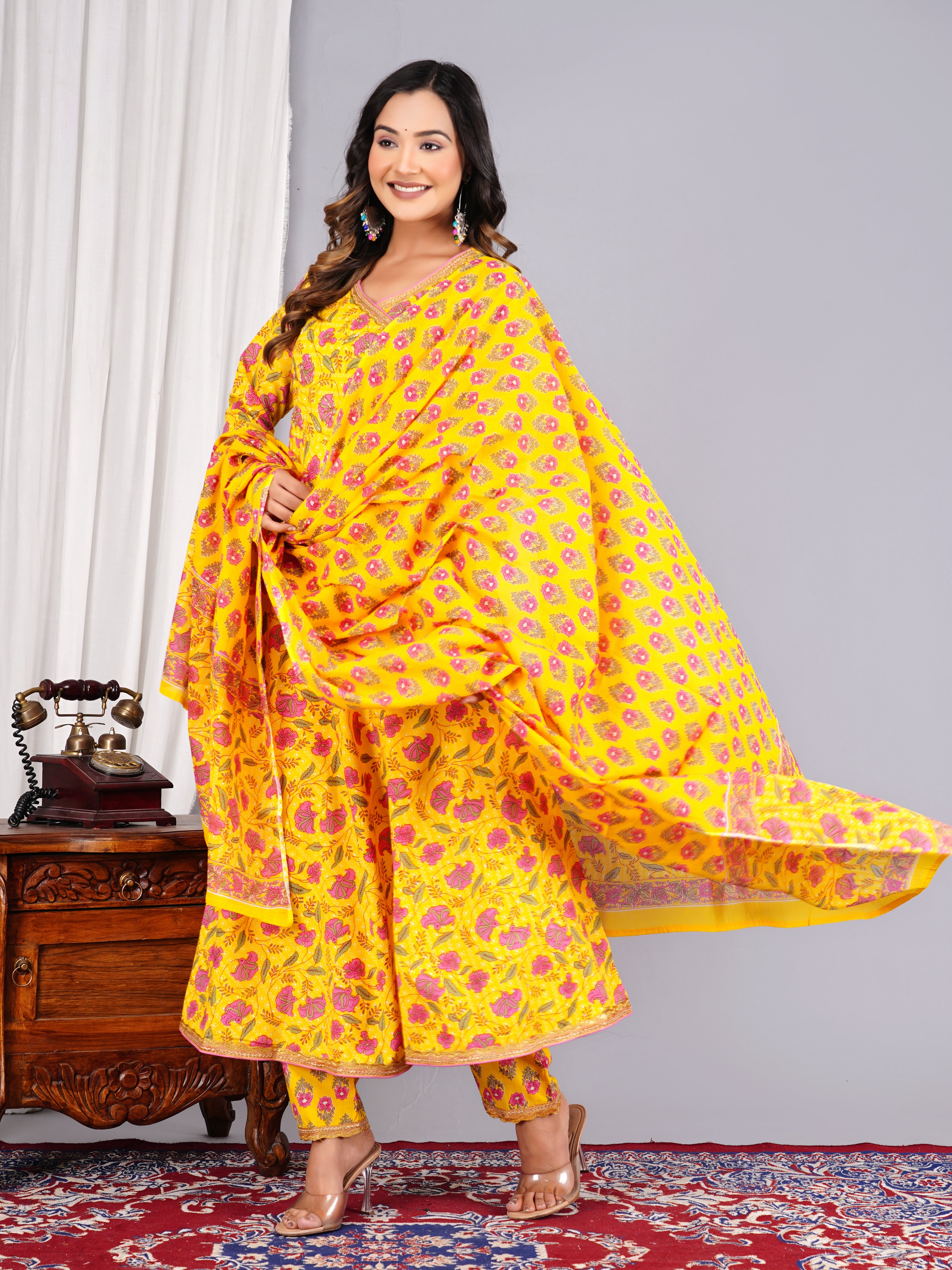 Bright Yellow Floral Block-Print Angrakha Suit Set with Matching Dupatta