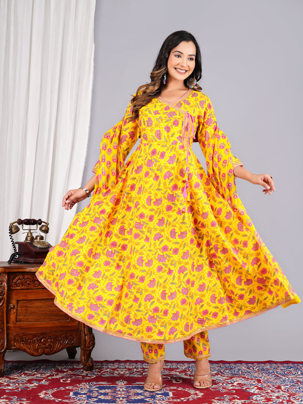 Bright Yellow Floral Block-Print Angrakha Suit Set with Matching Dupatta