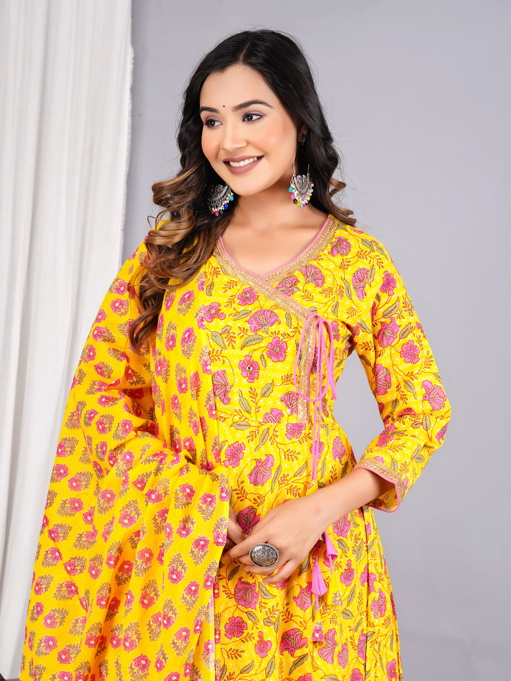 Bright Yellow Floral Block-Print Angrakha Suit Set with Matching Dupatta