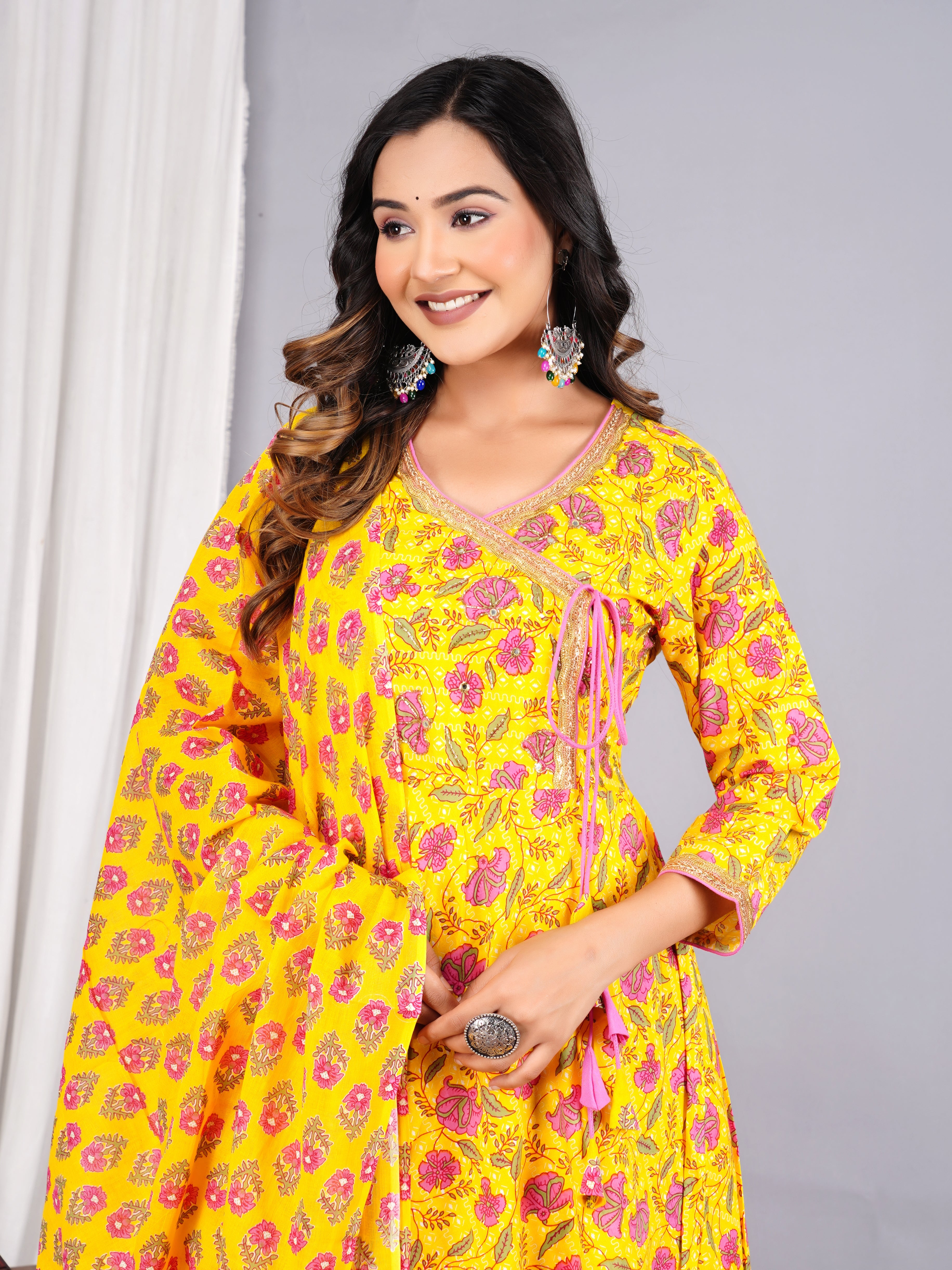 Bright Yellow Floral Block-Print Angrakha Suit Set with Matching Dupatta