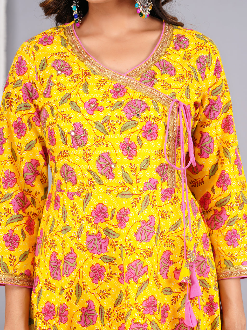 Bright Yellow Floral Block-Print Angrakha Suit Set with Matching Dupatta