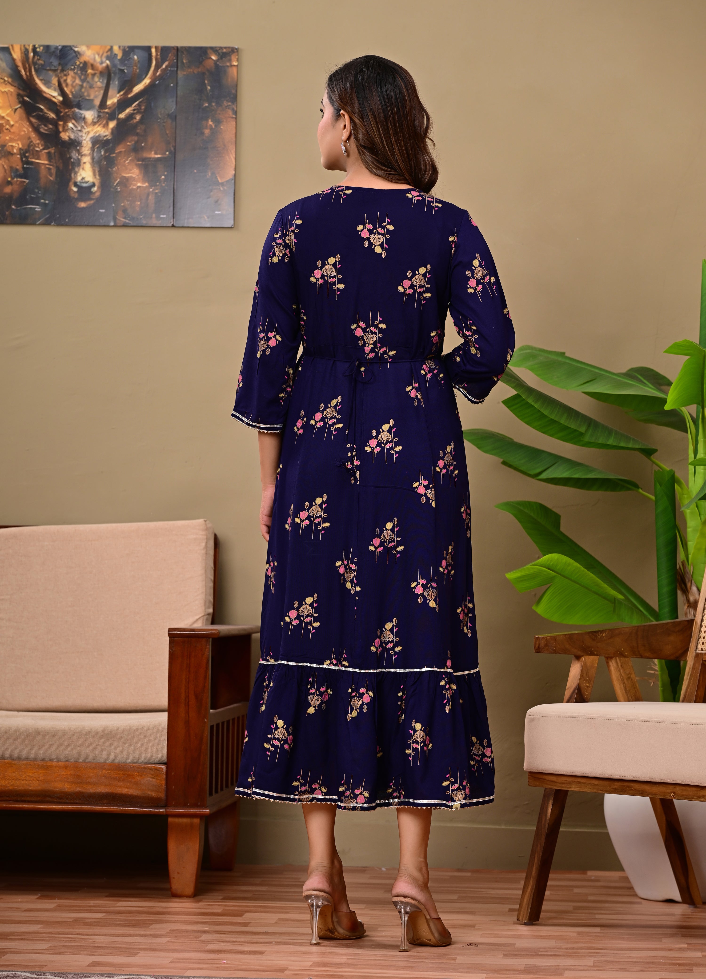 Women’s Dark Blue Embroidered A-Line Midi Kurti Dress with 3/4 Sleeves
