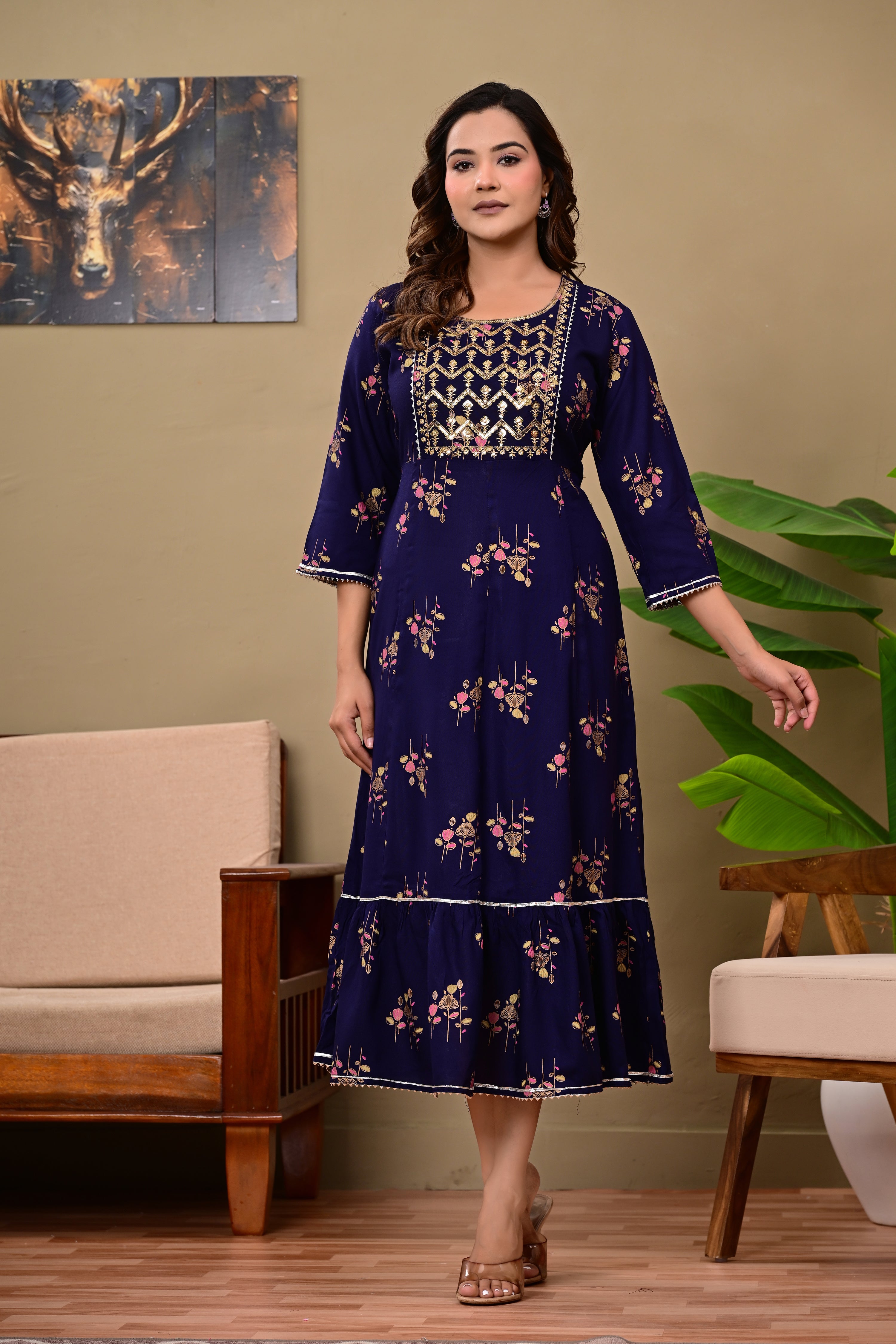 Women’s Dark Blue Embroidered A-Line Midi Kurti Dress with 3/4 Sleeves