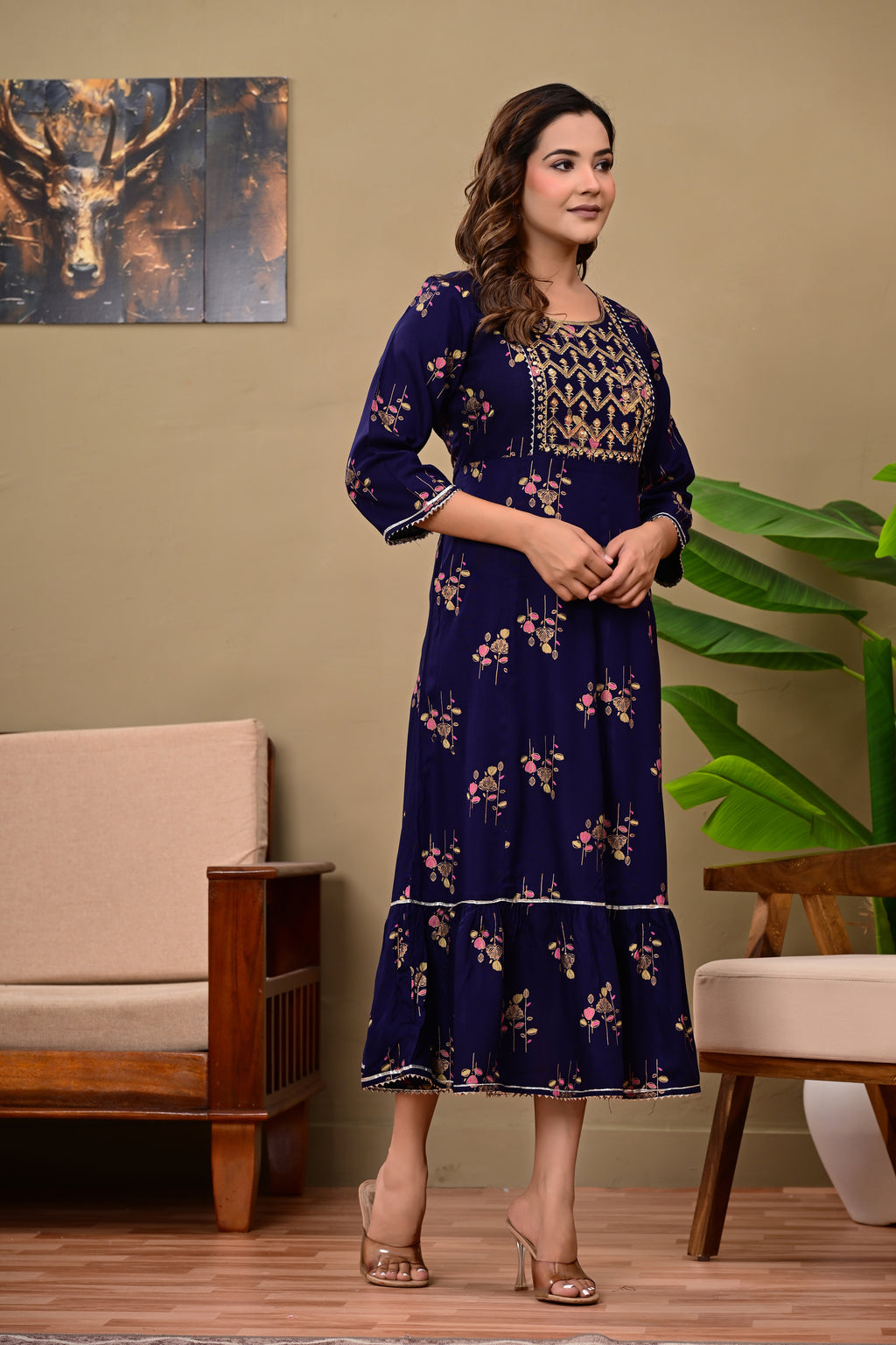 Women’s Dark Blue Embroidered A-Line Midi Kurti Dress with 3/4 Sleeves