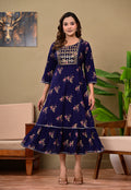 Women’s Dark Blue Embroidered A-Line Midi Kurti Dress with 3/4 Sleeves