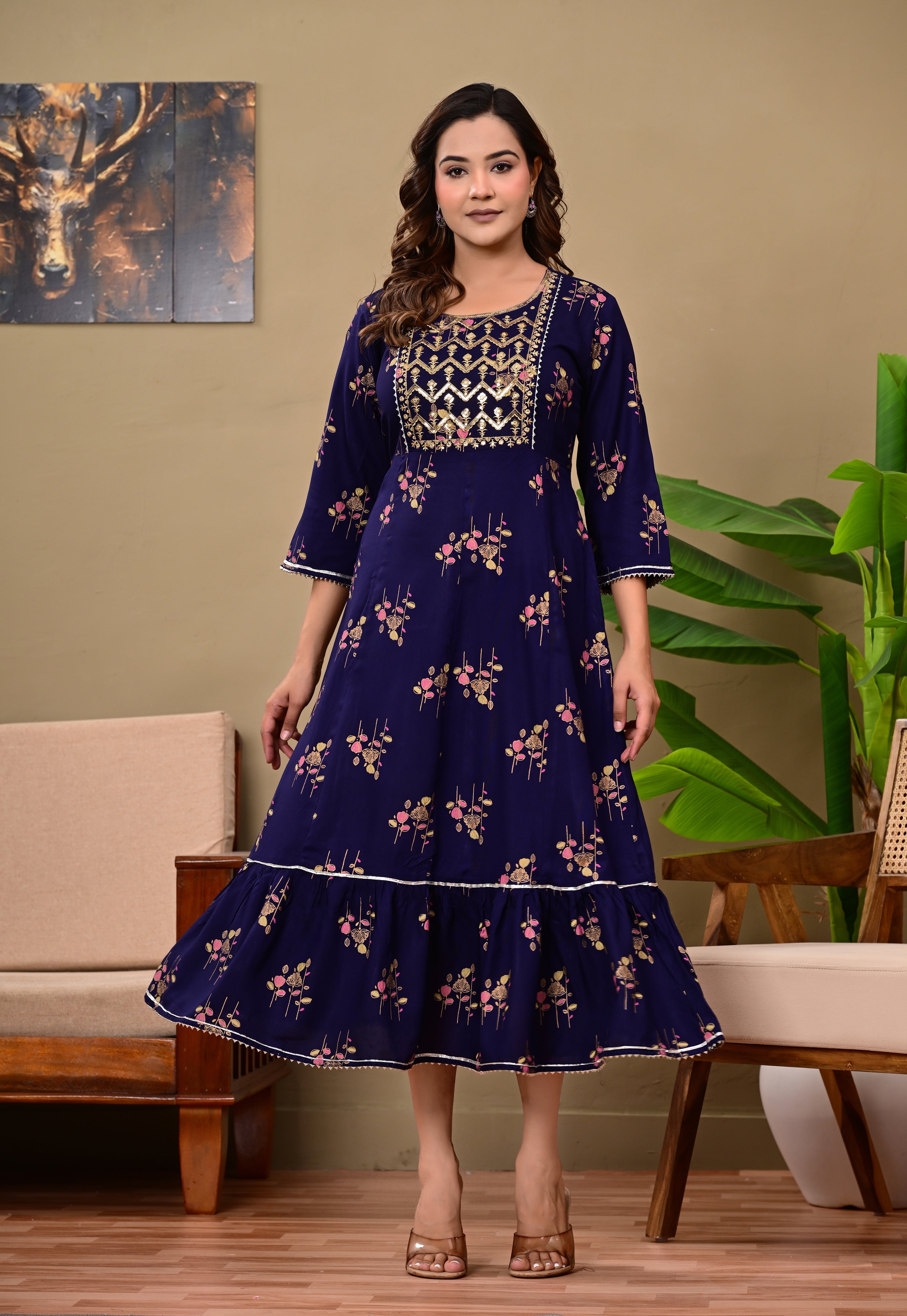 Women’s Dark Blue Embroidered A-Line Midi Kurti Dress with 3/4 Sleeves