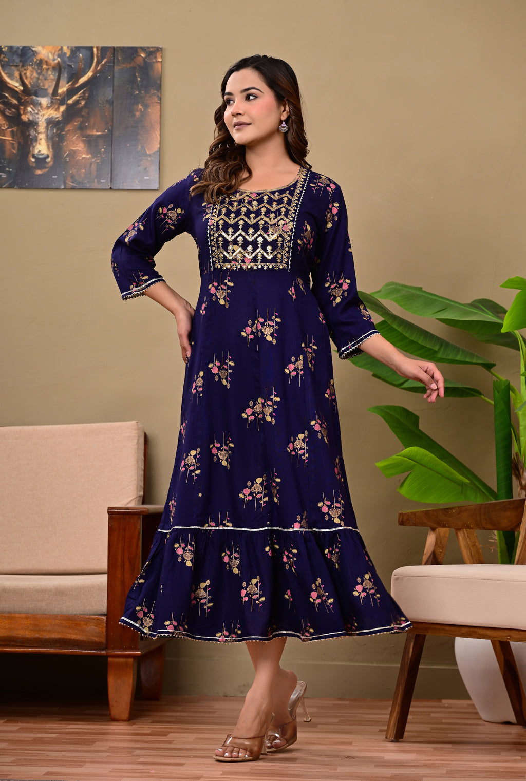 Women’s Dark Blue Embroidered A-Line Midi Kurti Dress with 3/4 Sleeves