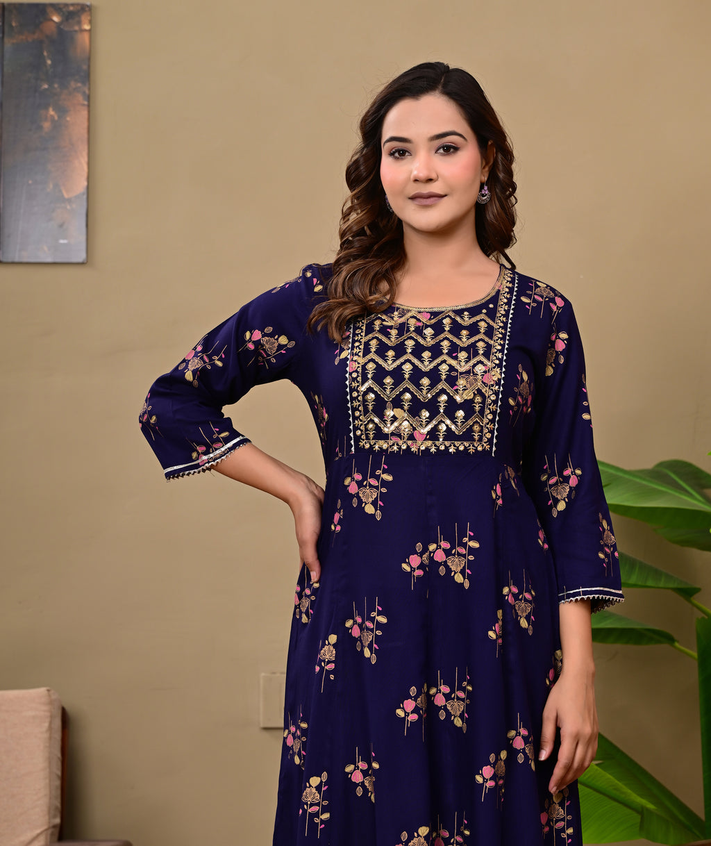 Women’s Dark Blue Embroidered A-Line Midi Kurti Dress with 3/4 Sleeves