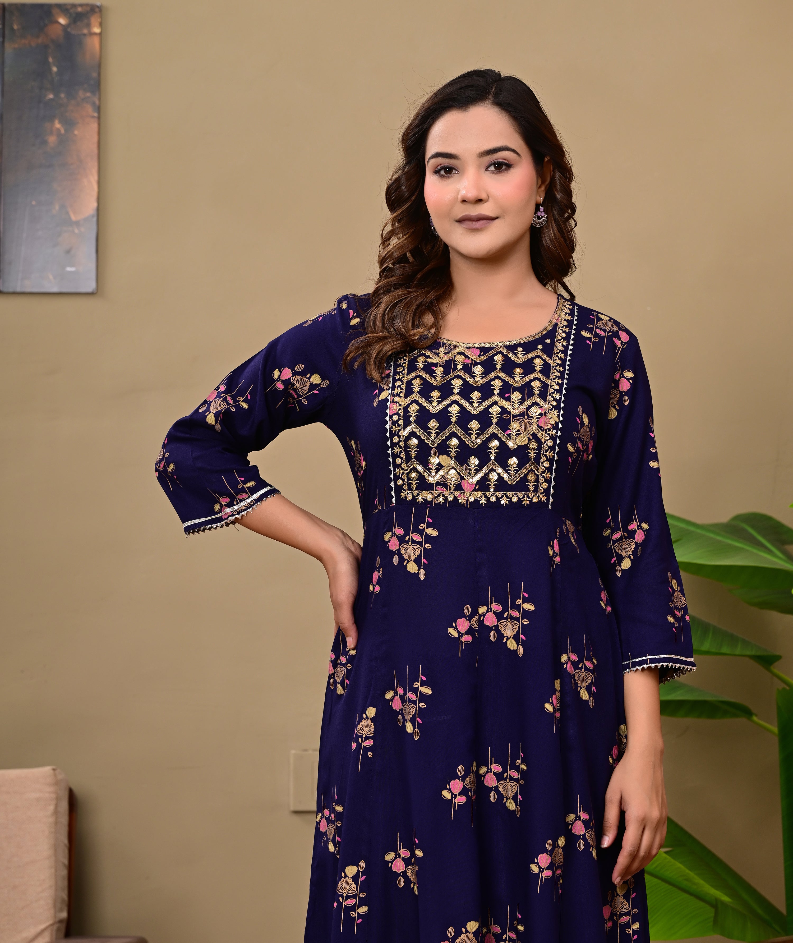 Women’s Dark Blue Embroidered A-Line Midi Kurti Dress with 3/4 Sleeves