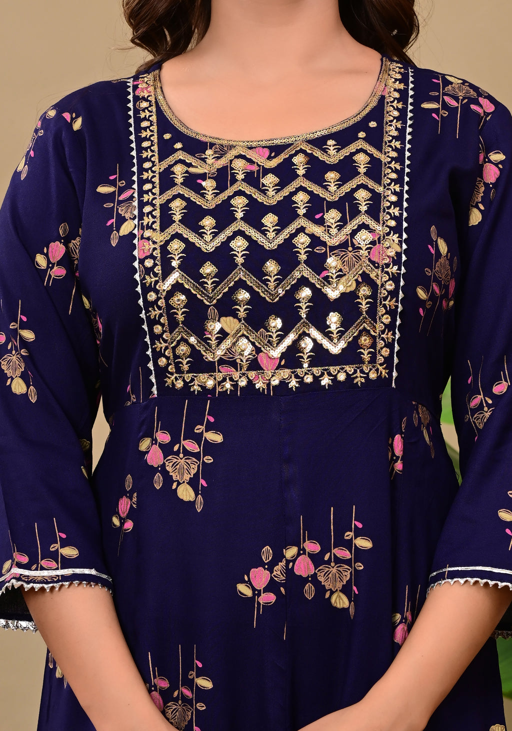Women’s Dark Blue Embroidered A-Line Midi Kurti Dress with 3/4 Sleeves