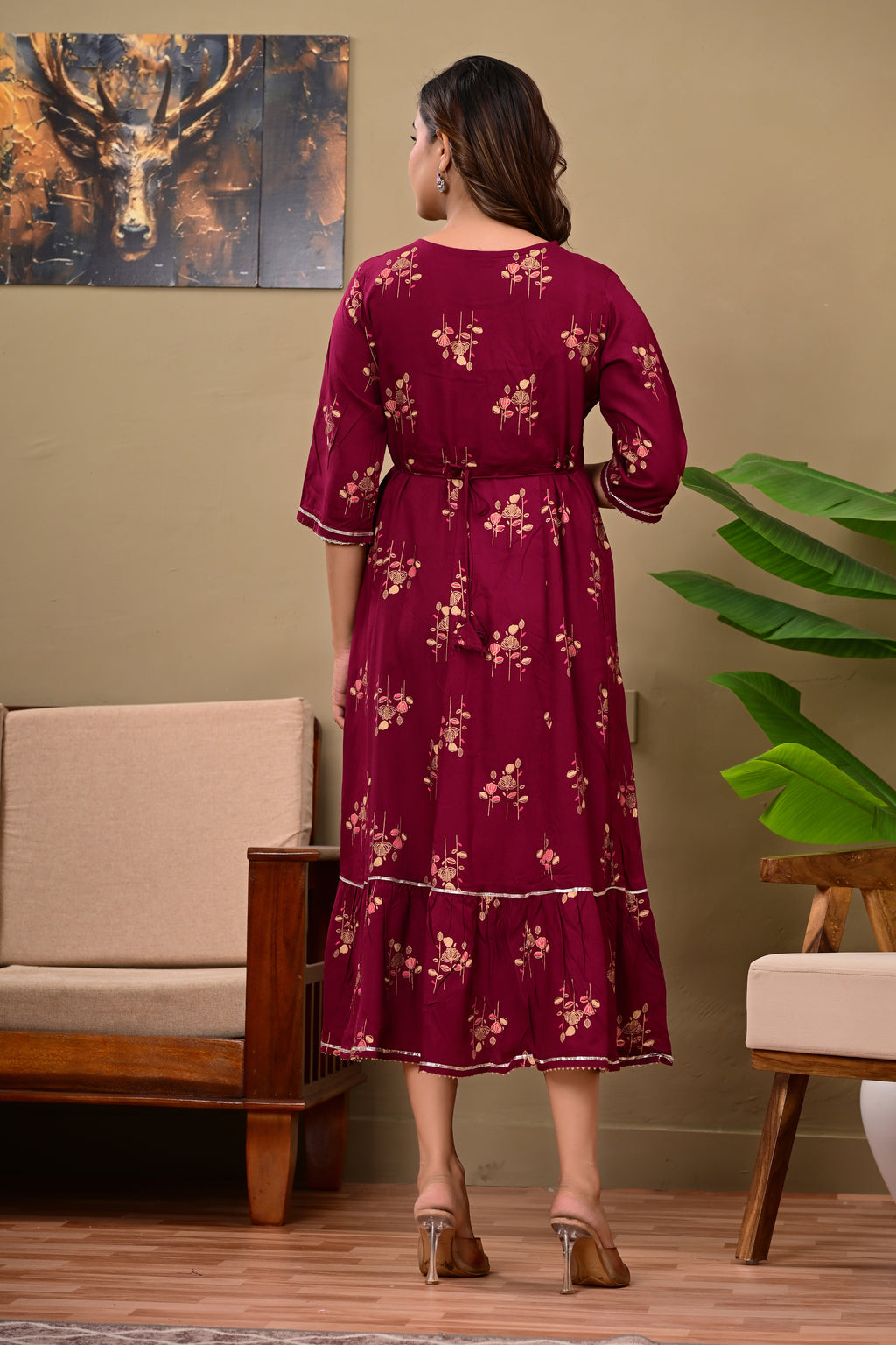 Women’s Maroon Embroidered A-Line Midi Kurti Dress with 3/4 Sleeves