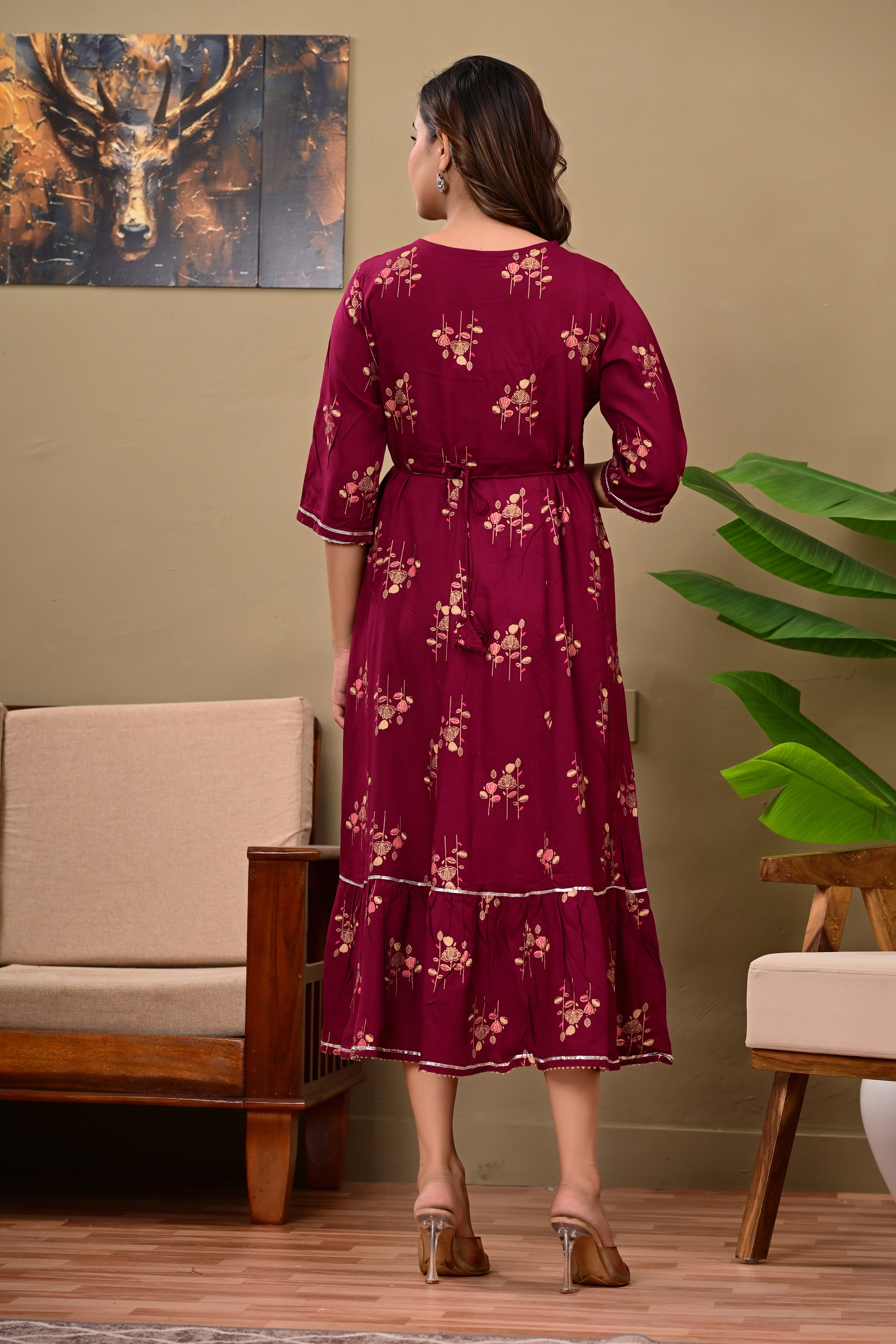 Women’s Maroon Embroidered A-Line Midi Kurti Dress with 3/4 Sleeves