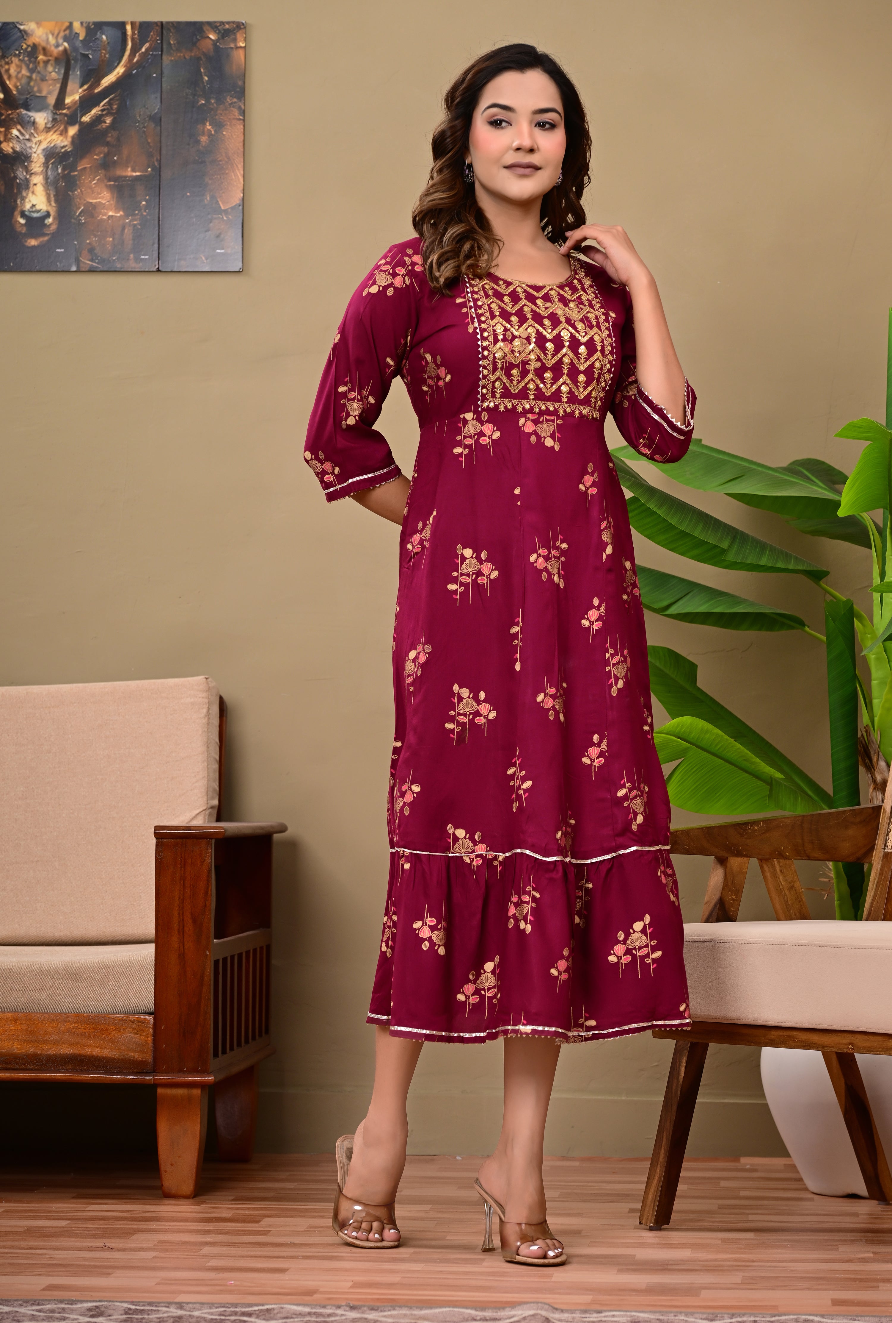 Women’s Maroon Embroidered A-Line Midi Kurti Dress with 3/4 Sleeves