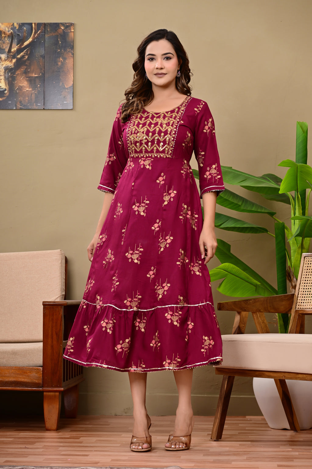 Women’s Maroon Embroidered A-Line Midi Kurti Dress with 3/4 Sleeves