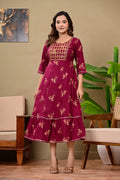 Women’s Maroon Embroidered A-Line Midi Kurti Dress with 3/4 Sleeves
