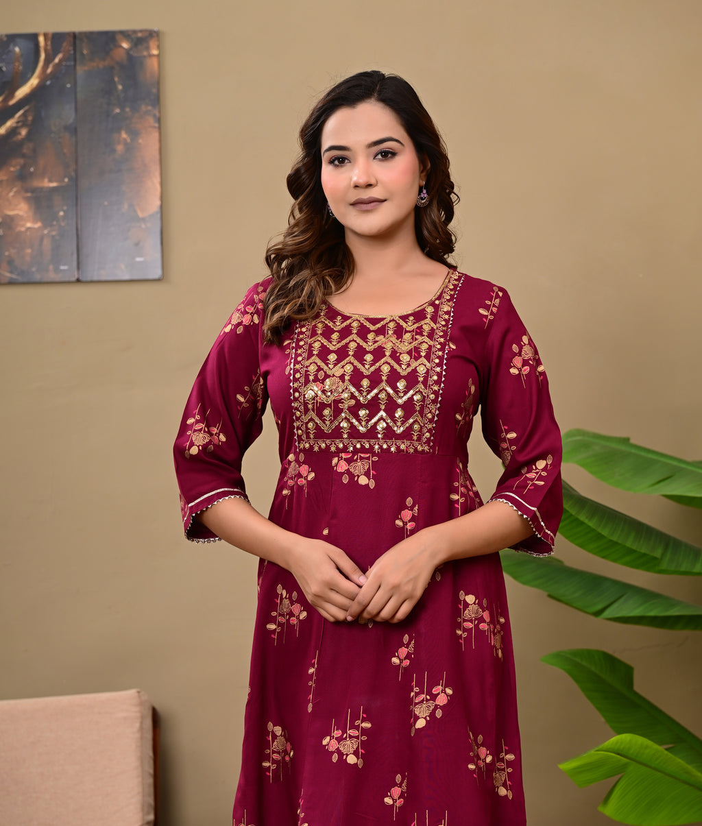 Women’s Maroon Embroidered A-Line Midi Kurti Dress with 3/4 Sleeves