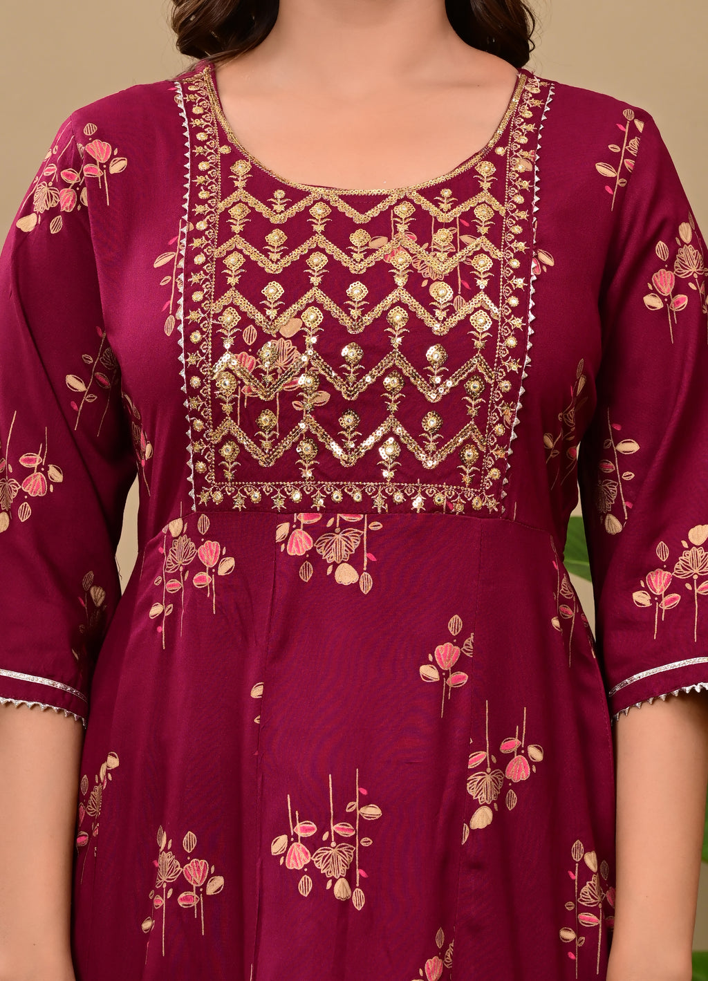 Women’s Maroon Embroidered A-Line Midi Kurti Dress with 3/4 Sleeves