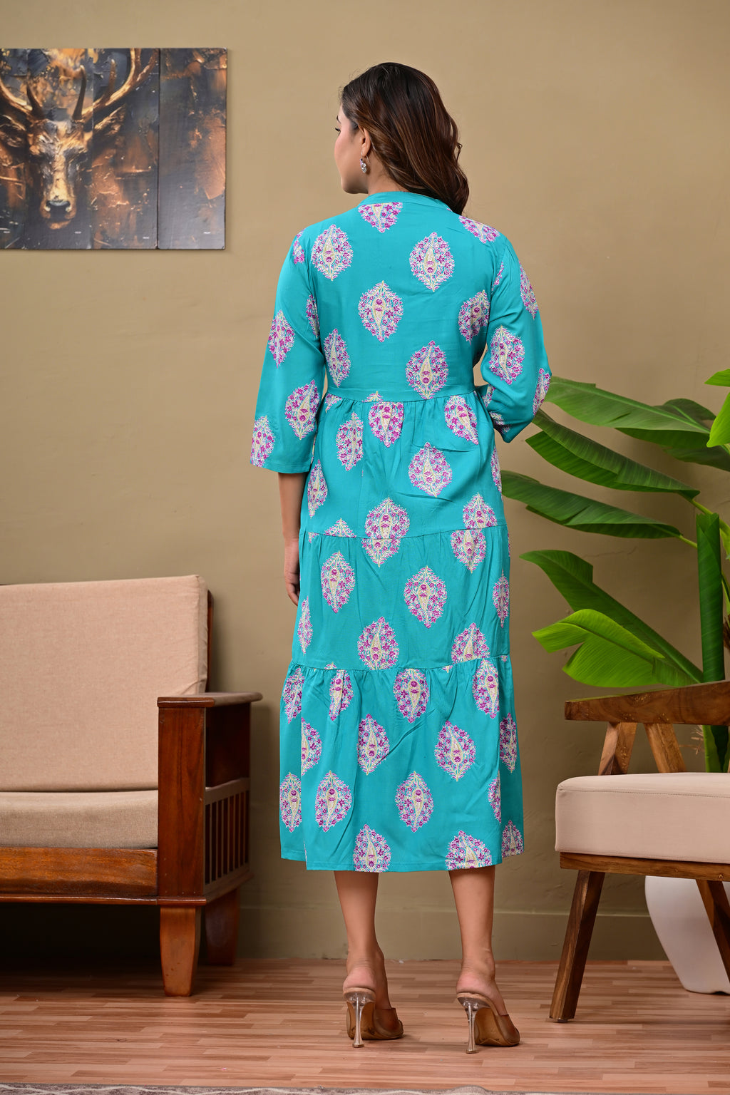 Women’s Teal Printed Tiered A-Line Midi Dress with 3/4 Sleeves