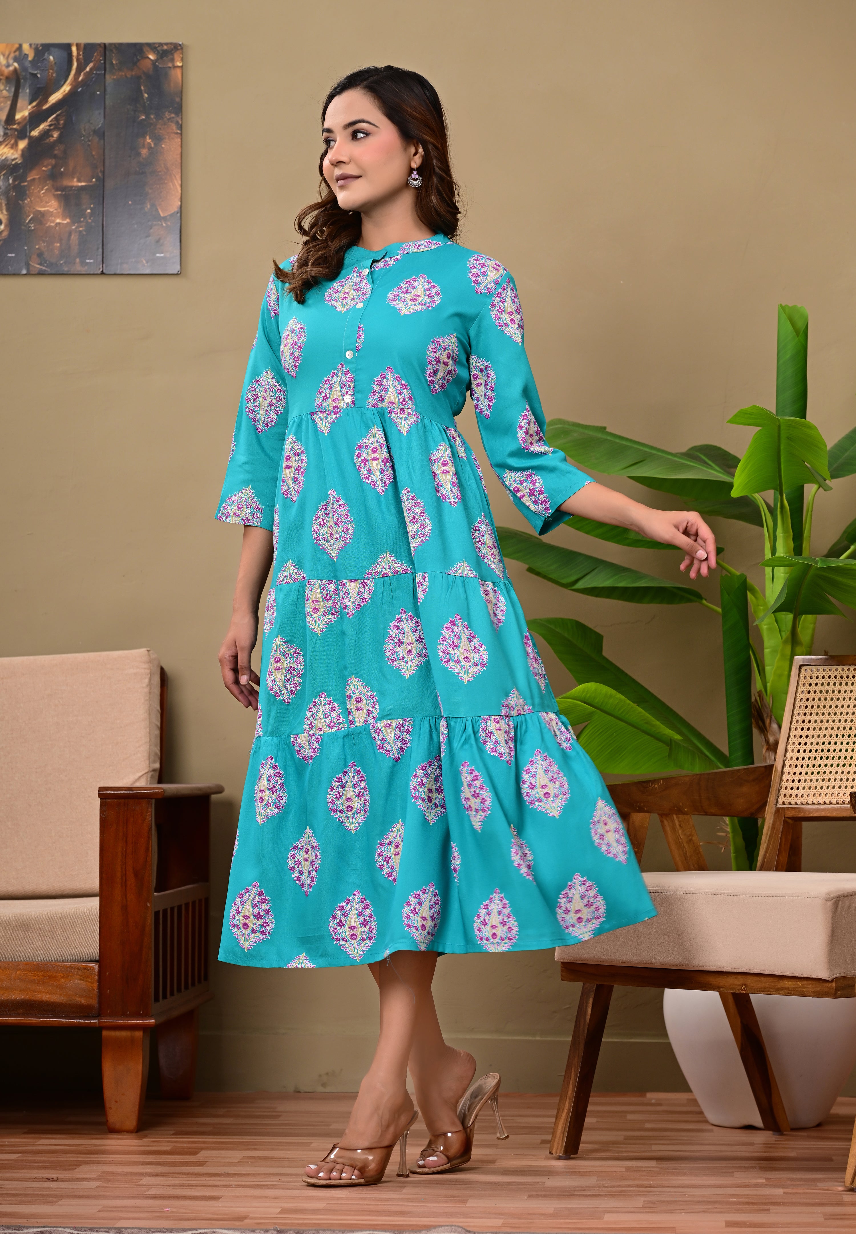 Women’s Teal Printed Tiered A-Line Midi Dress with 3/4 Sleeves