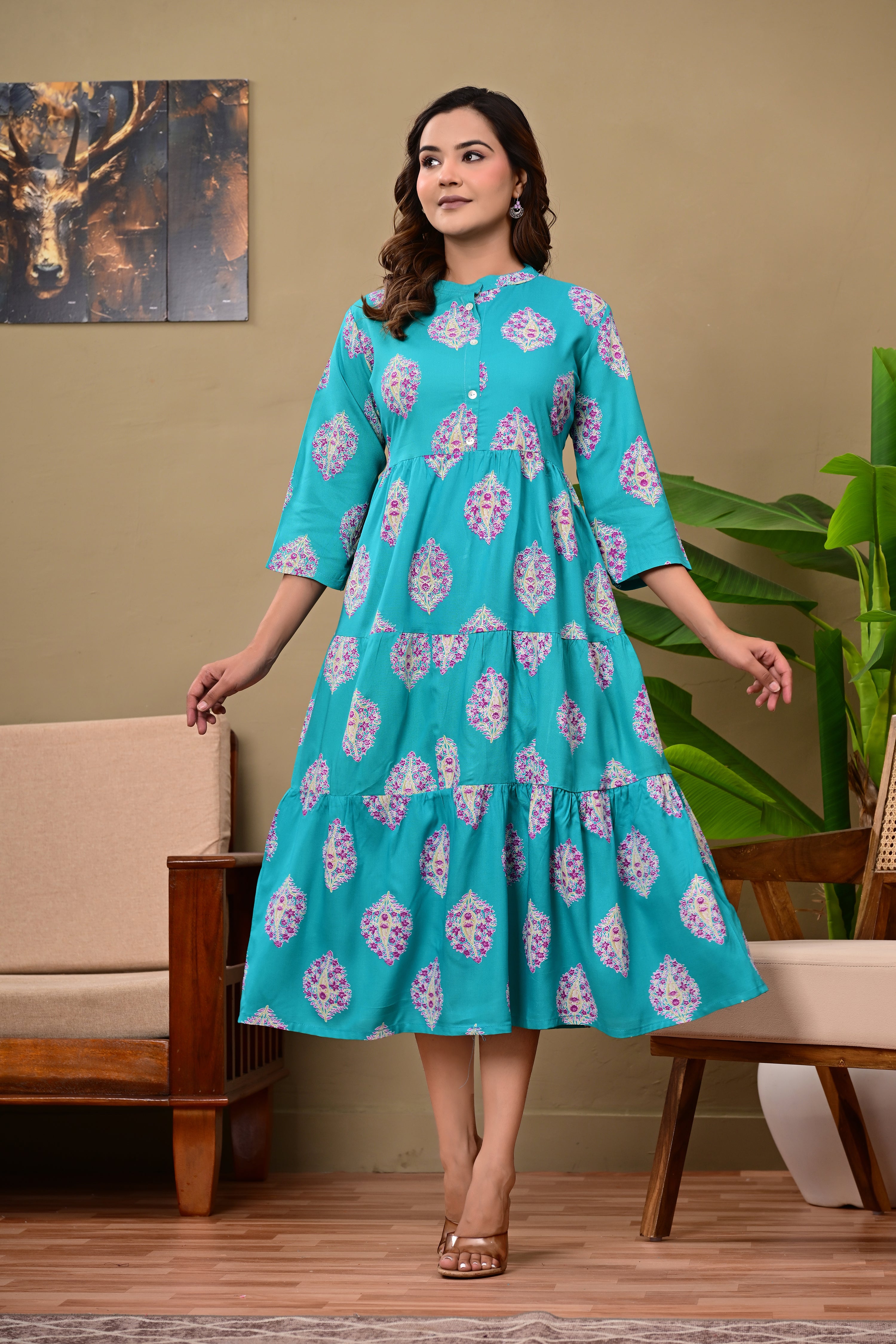 Women's Teal Printed Tiered A-Line Midi Dress with 3/4 Sleeves Kurti Master Women's Teal Printed Tiered A-Line Midi Dress with 3/4 Sleeves Kurti Master