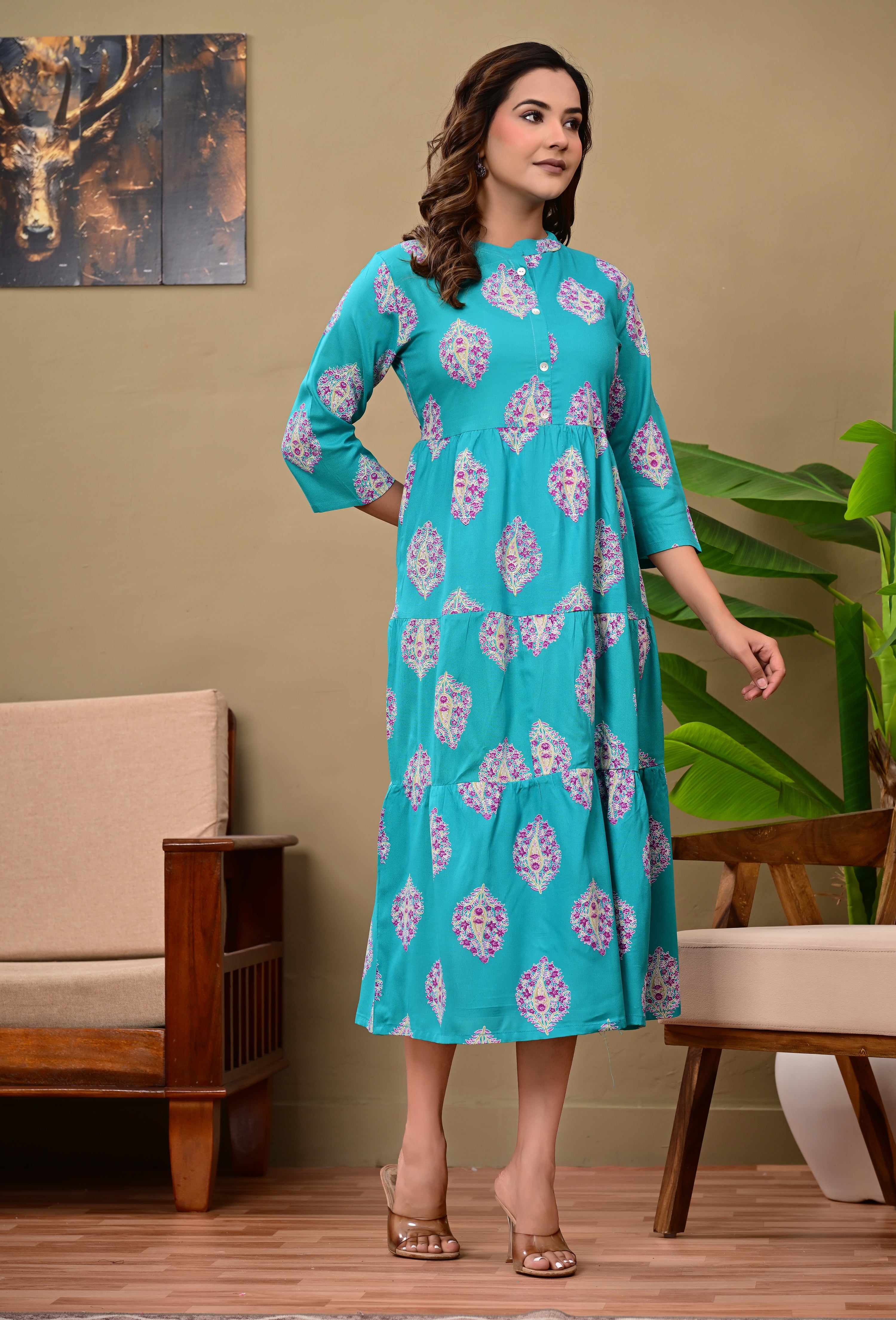 Women’s Teal Printed Tiered A-Line Midi Dress with 3/4 Sleeves