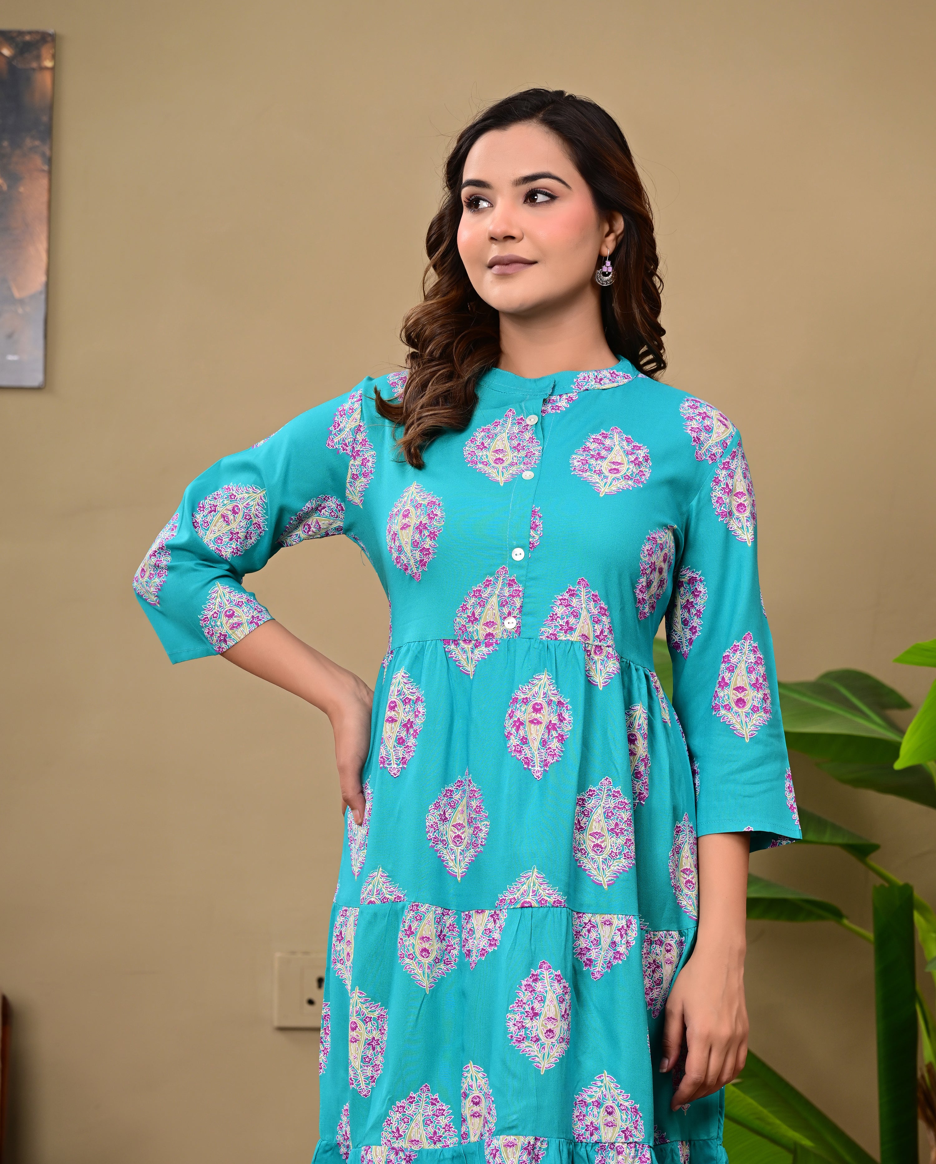 Women’s Teal Printed Tiered A-Line Midi Dress with 3/4 Sleeves