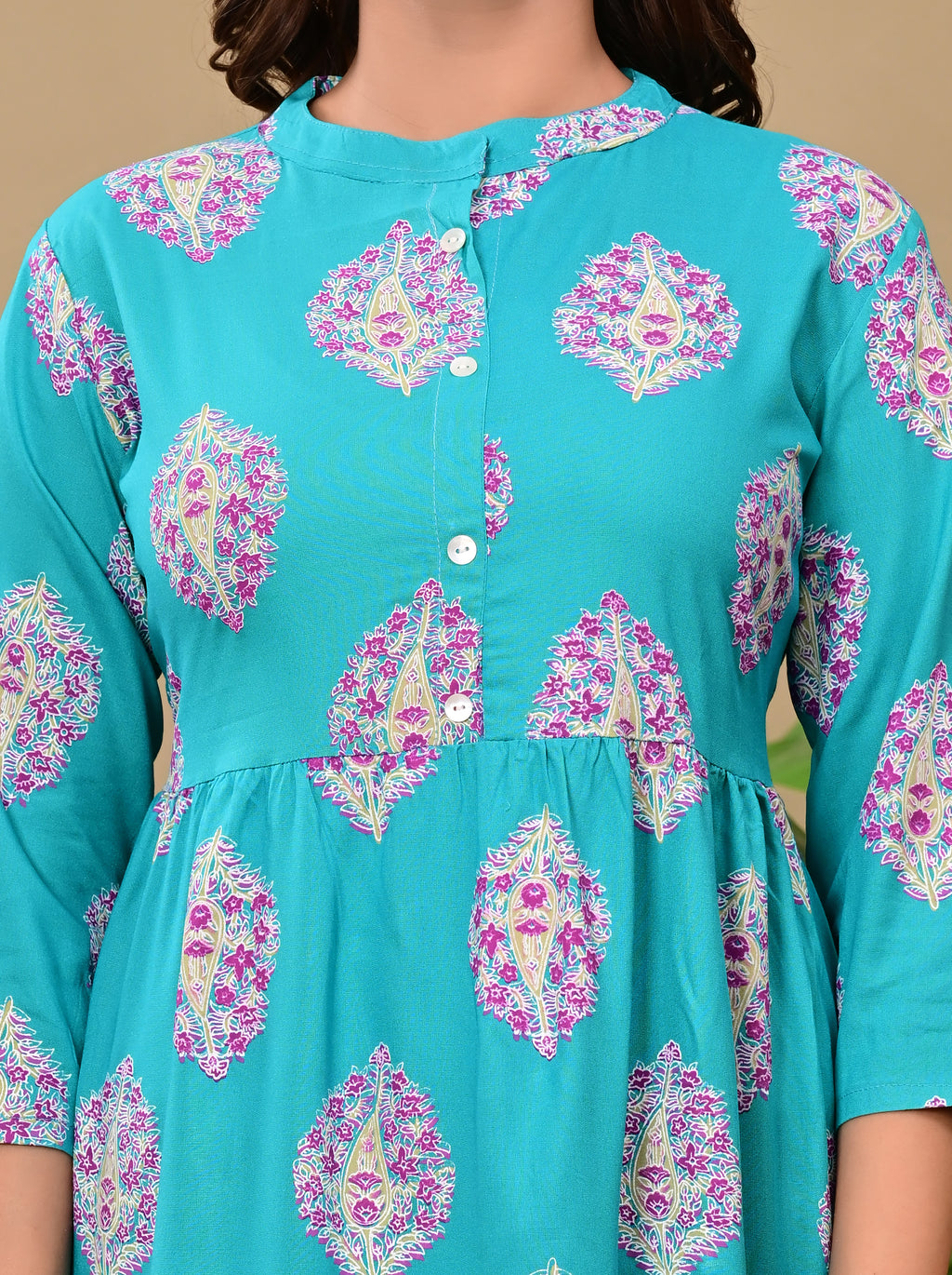 Women’s Teal Printed Tiered A-Line Midi Dress with 3/4 Sleeves